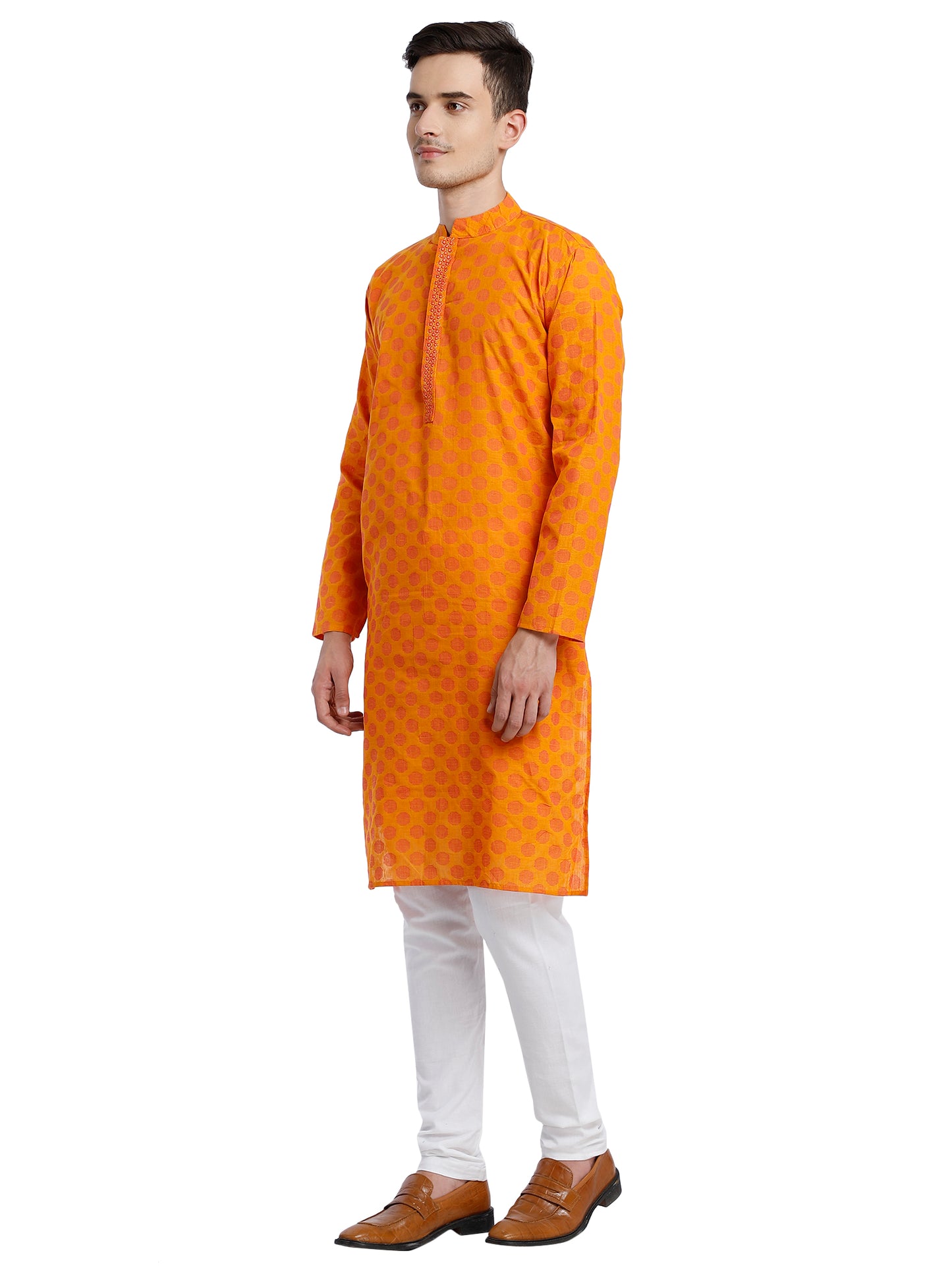 PAROKSH Men Mustard & Beige Woven Design Cotton Thread Work Handloom Kurta