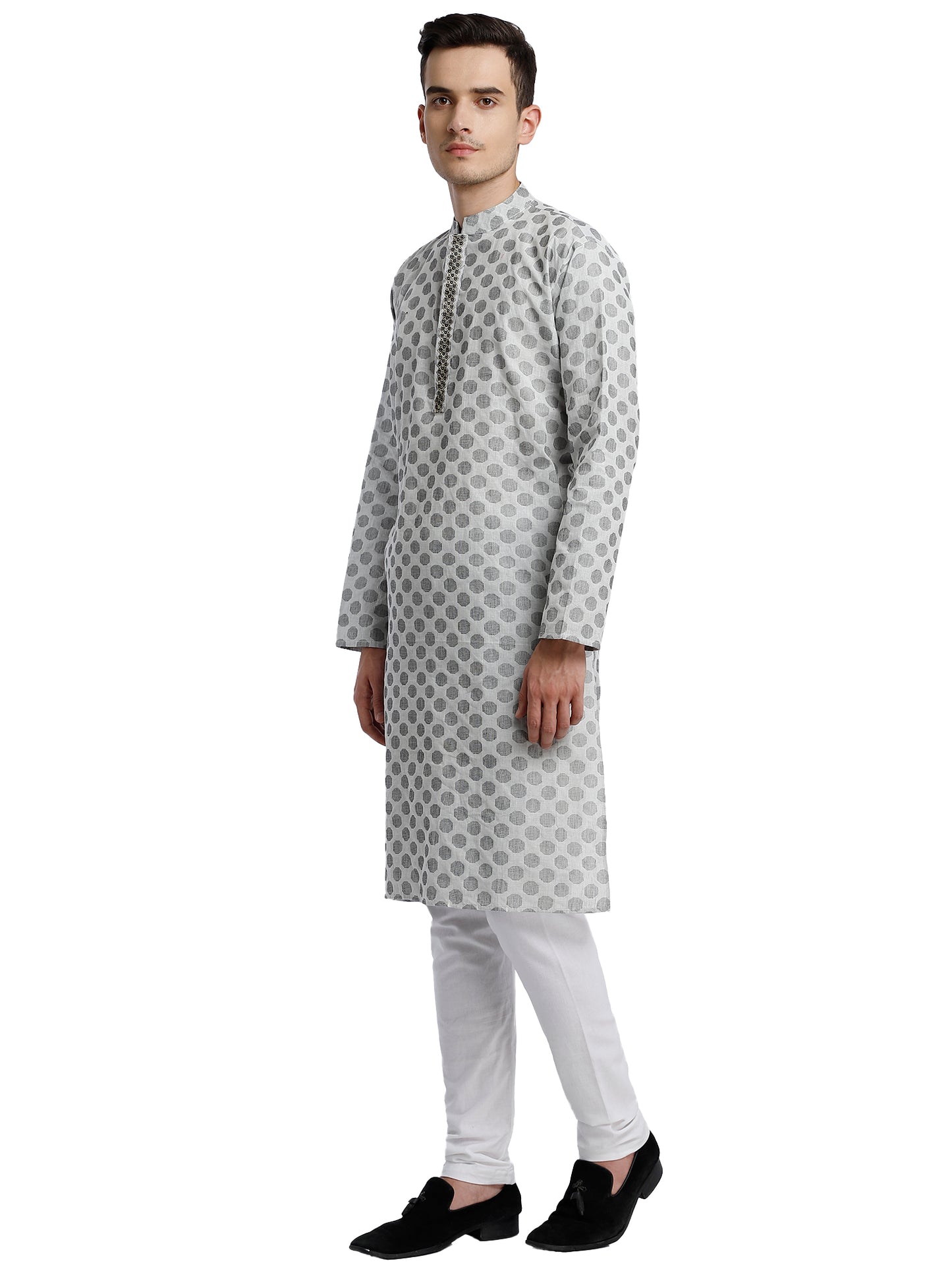 PAROKSH Men White & Beige Woven Design Cotton Thread Work Handloom Kurta