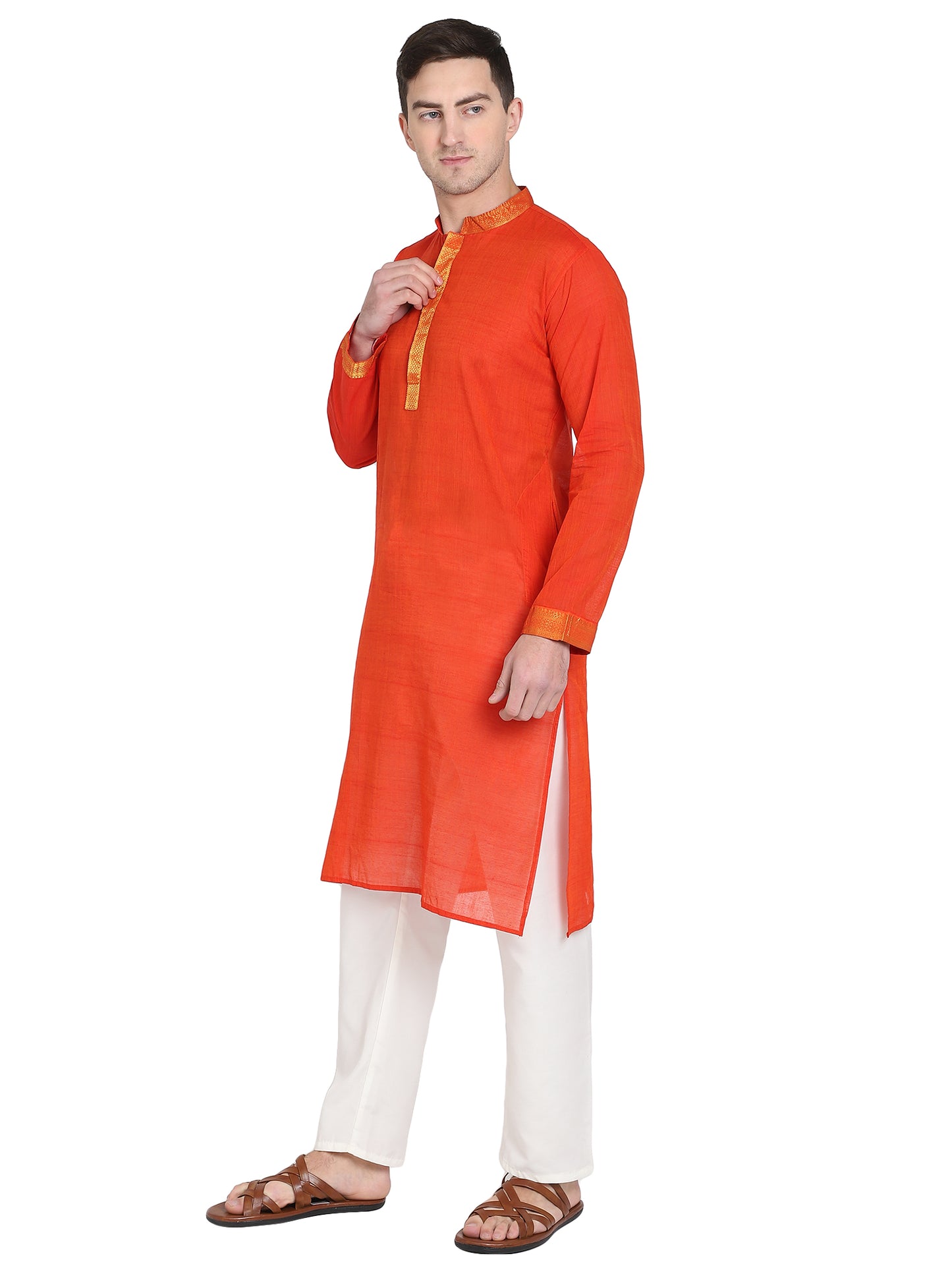 PAROKSH Men's Orange Self Design Pure Cotton Straight Kurta