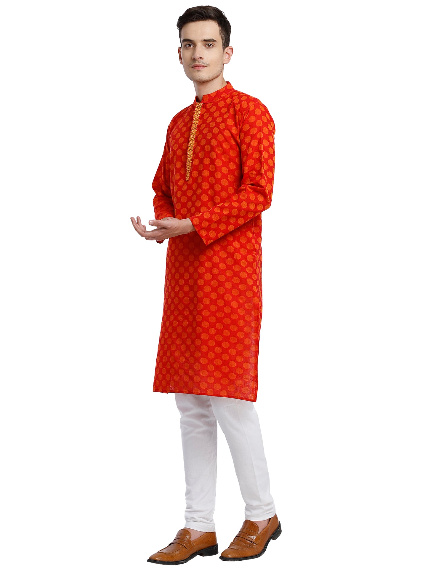 PAROKSH Men Pink & Beige Woven Design Cotton Thread Work Handloom Kurta