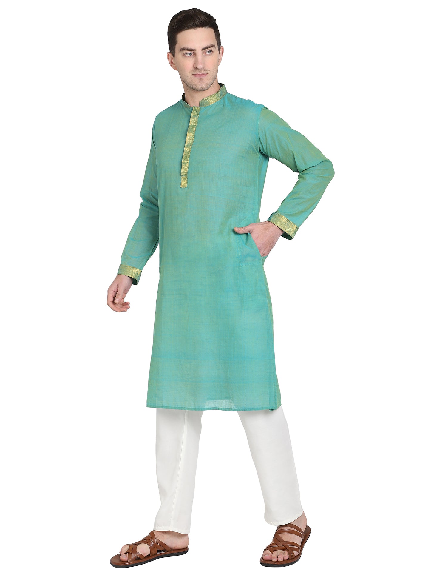 PAROKSH Men's Embroidered Mint Handloom Long Cotton Ethnic Kurta