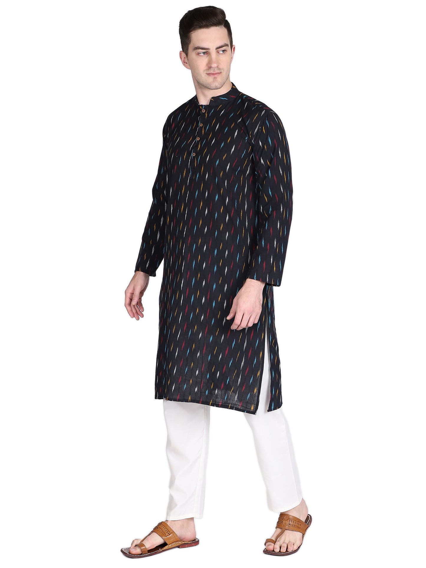 PAROKSH Men's Handloom Multi Colour Dash Ethnic ikkat Kurta