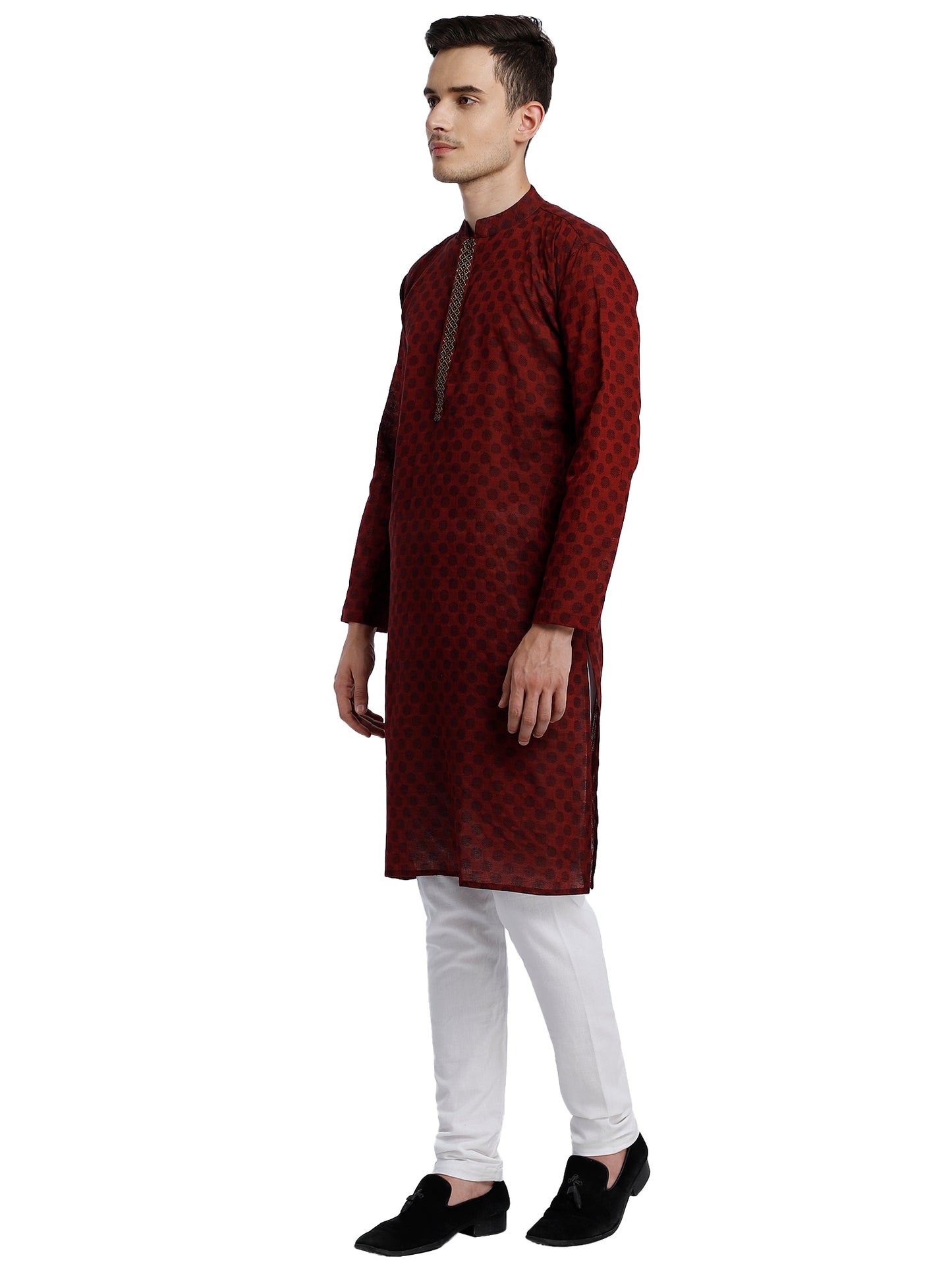 PAROKSH Men Maroon & Beige Woven Design Cotton Thread Work Handloom Kurta