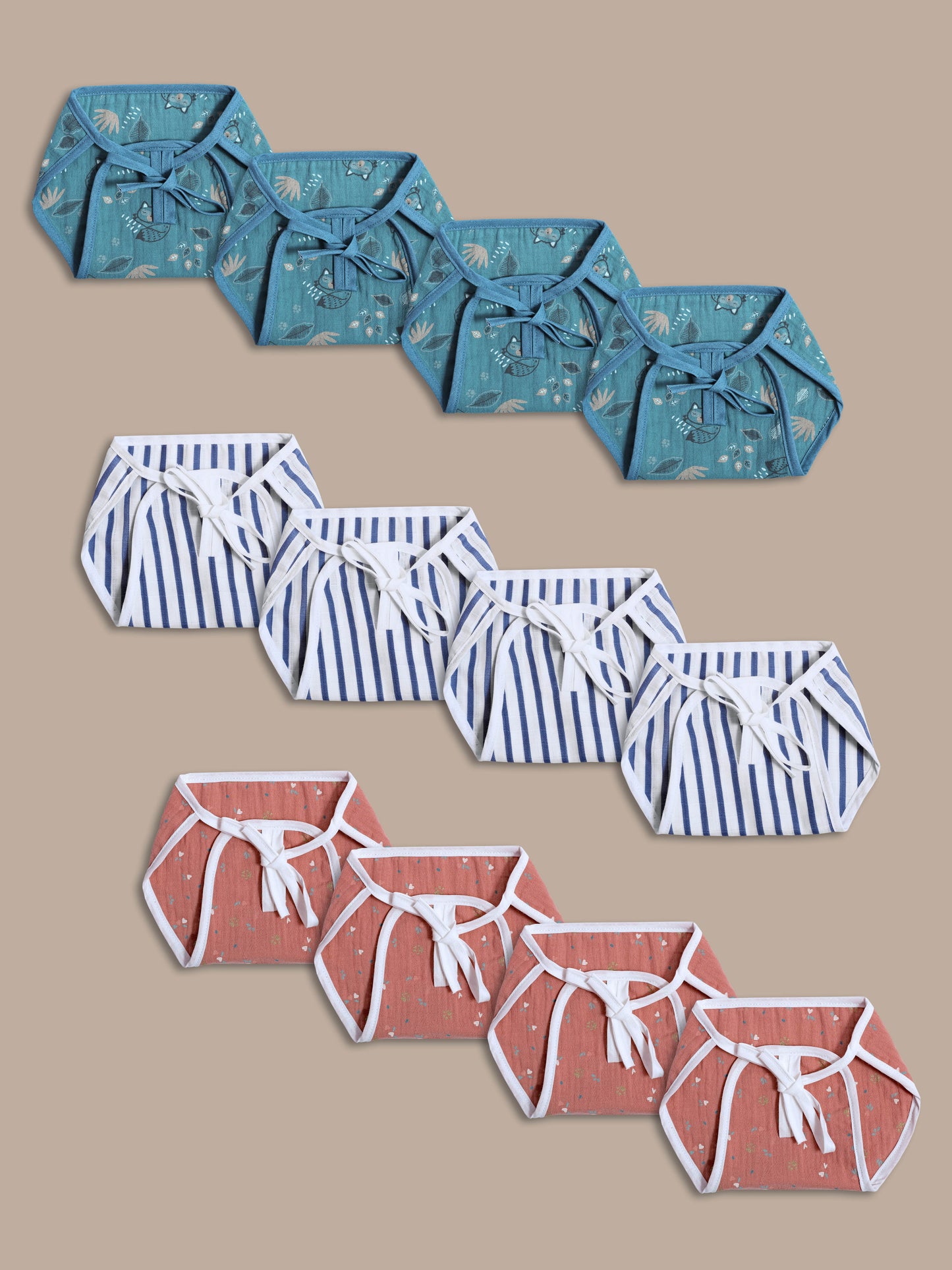 Infants Pack of 12 printed organic cotton muslin cushioned langot cloth diapers