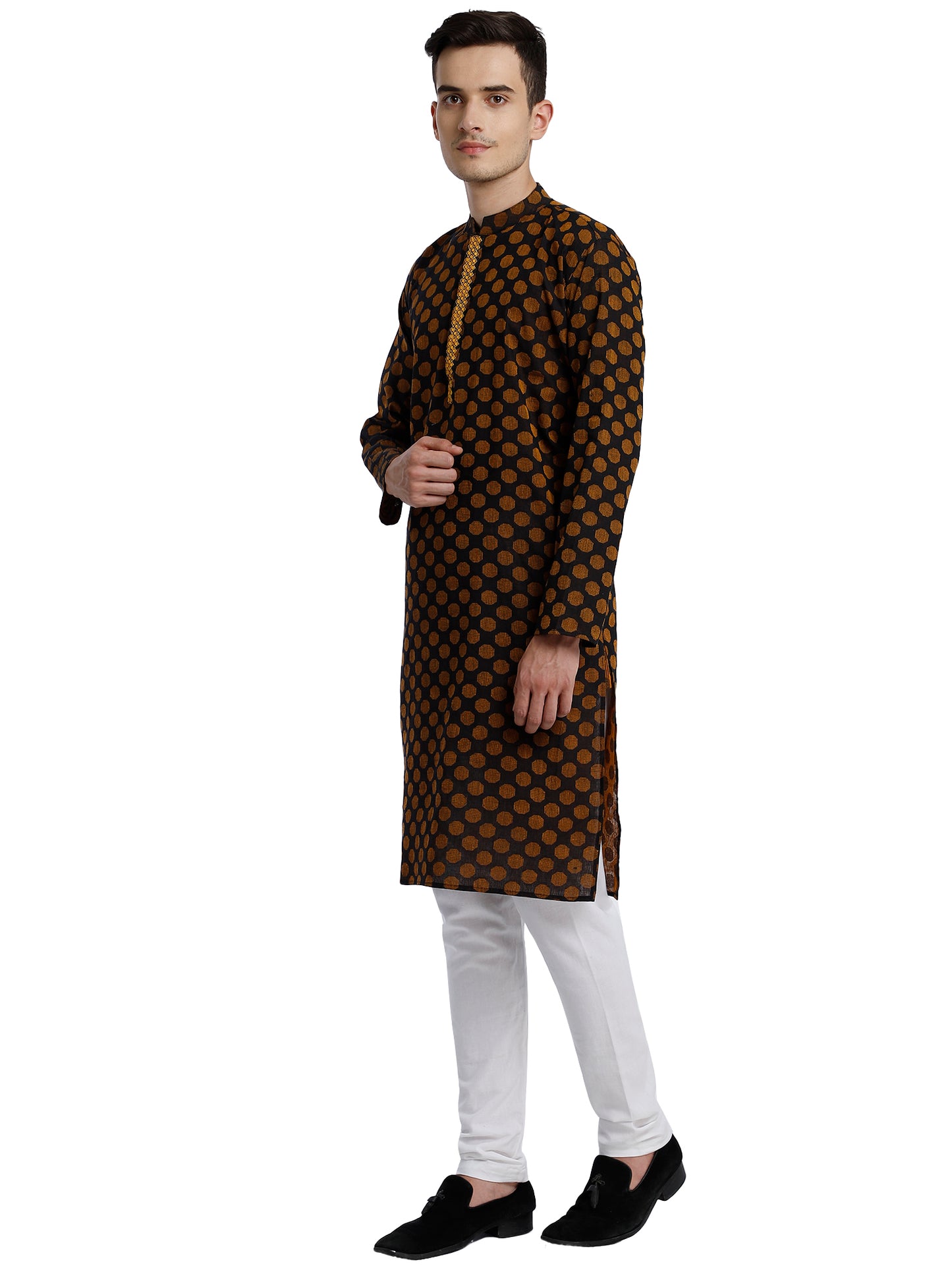 PAROKSH Men Brown & Beige Woven Design Cotton Thread Work Handloom Kurta