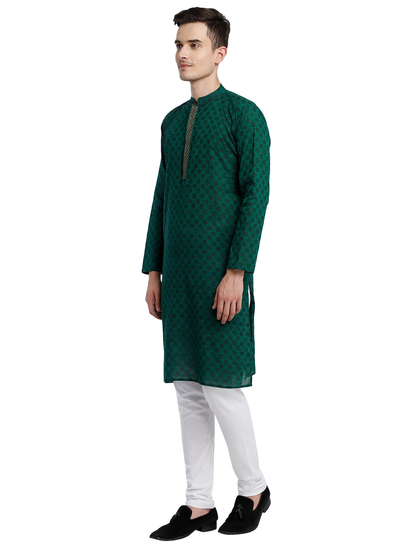 PAROKSH Men Green & Black Woven Design Cotton Thread Work Handloom Kurta