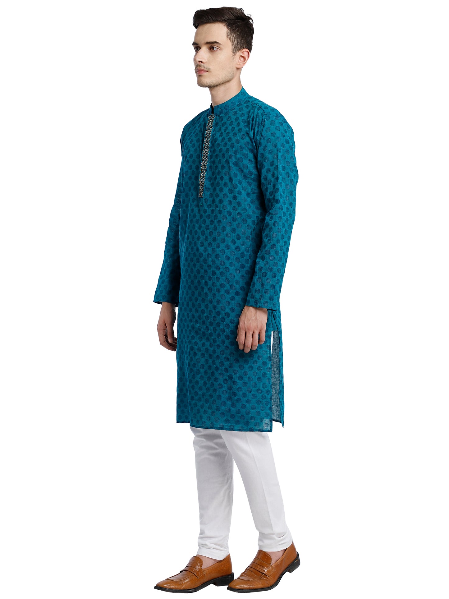 PAROKSH Men Sea Green & Beige Woven Design Cotton Thread Work Handloom Kurta