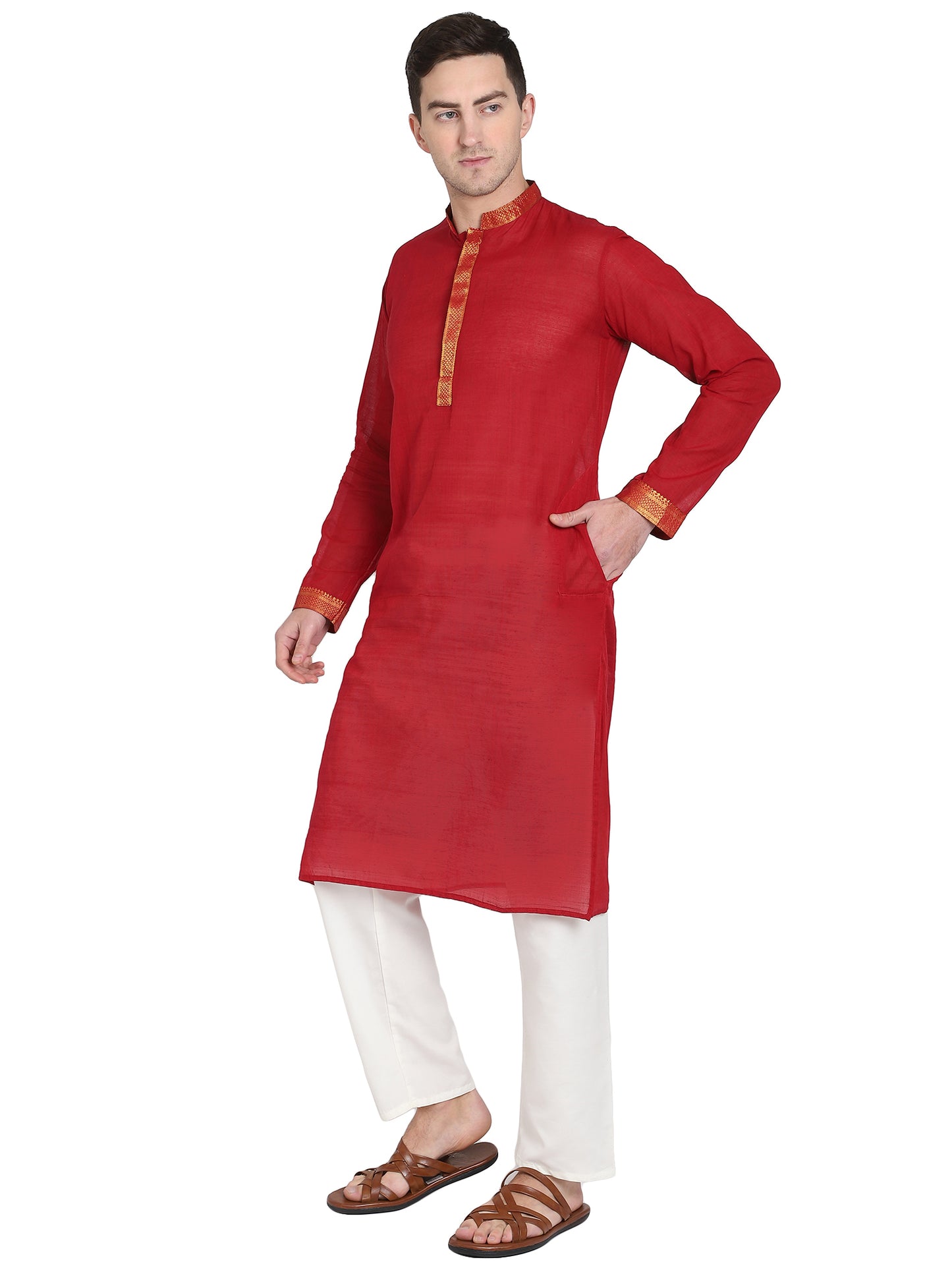 PAROKSH Men Self Design Maroon Pure Cotton Straight Kurta
