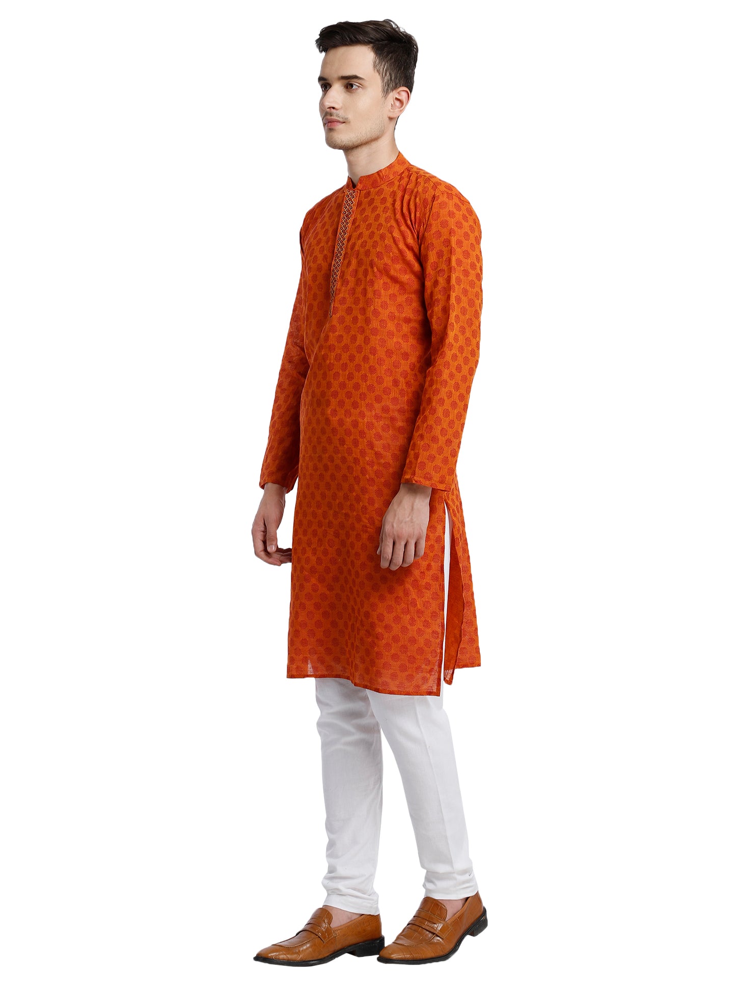 PAROKSH Men Orange & Beige Woven Design Cotton Thread Work Handloom Kurta
