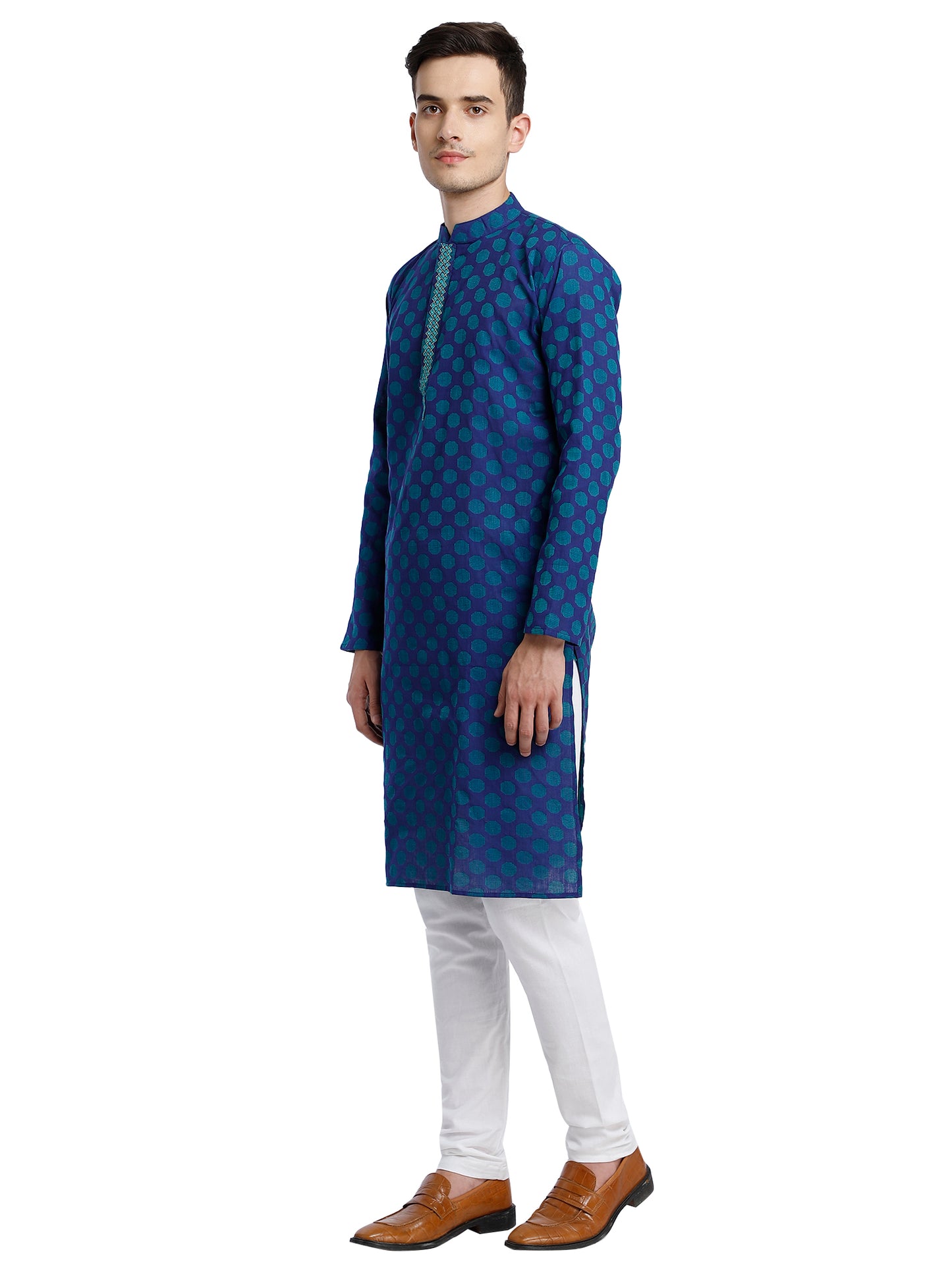 PAROKSH Men Blue & Beige Woven Design Cotton Thread Work Handloom Kurta