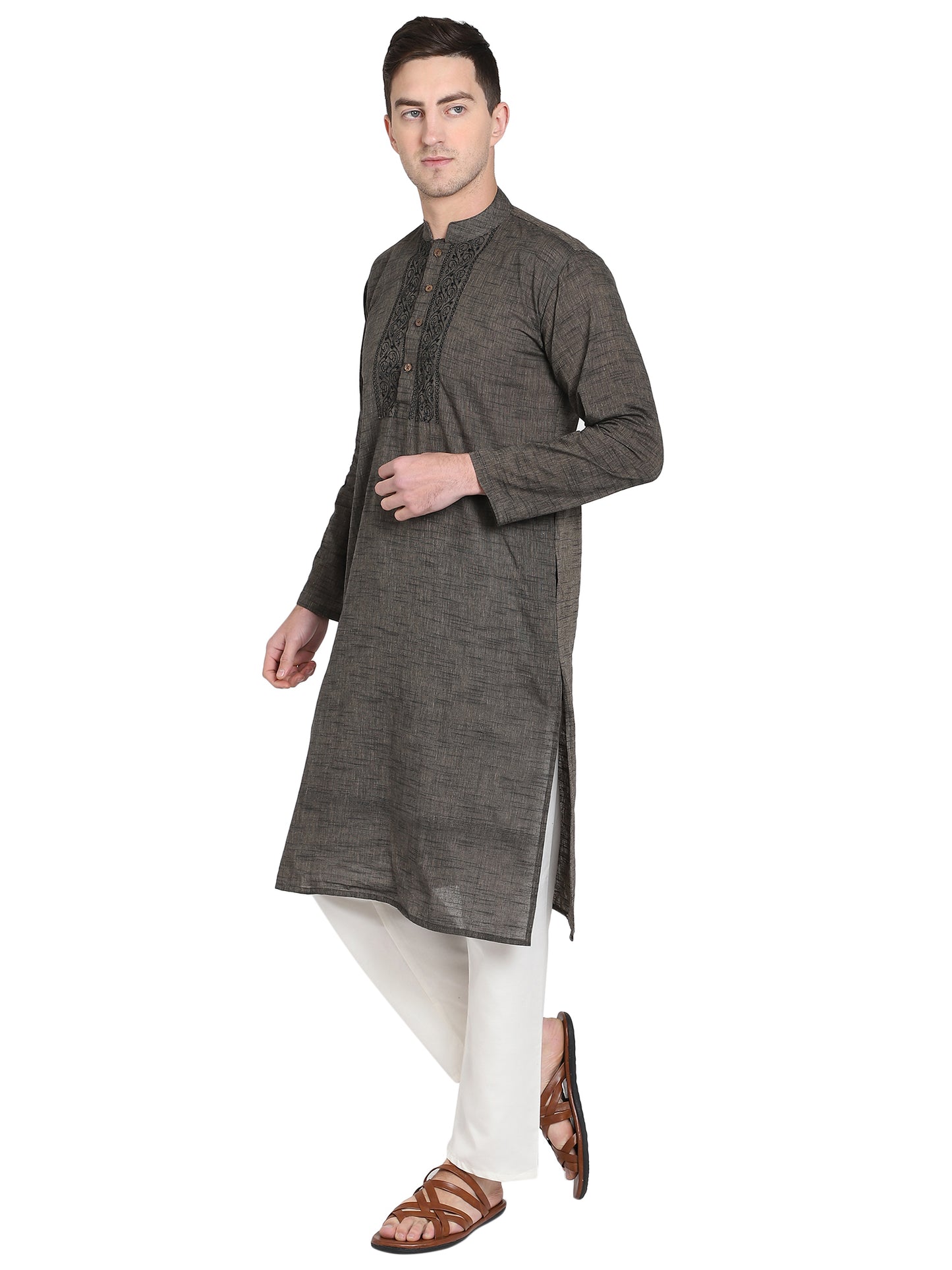 PAROKSH Men's Brown mangalgiri Handloom Cotton Straight Embroidered Long Ethnic Kurta