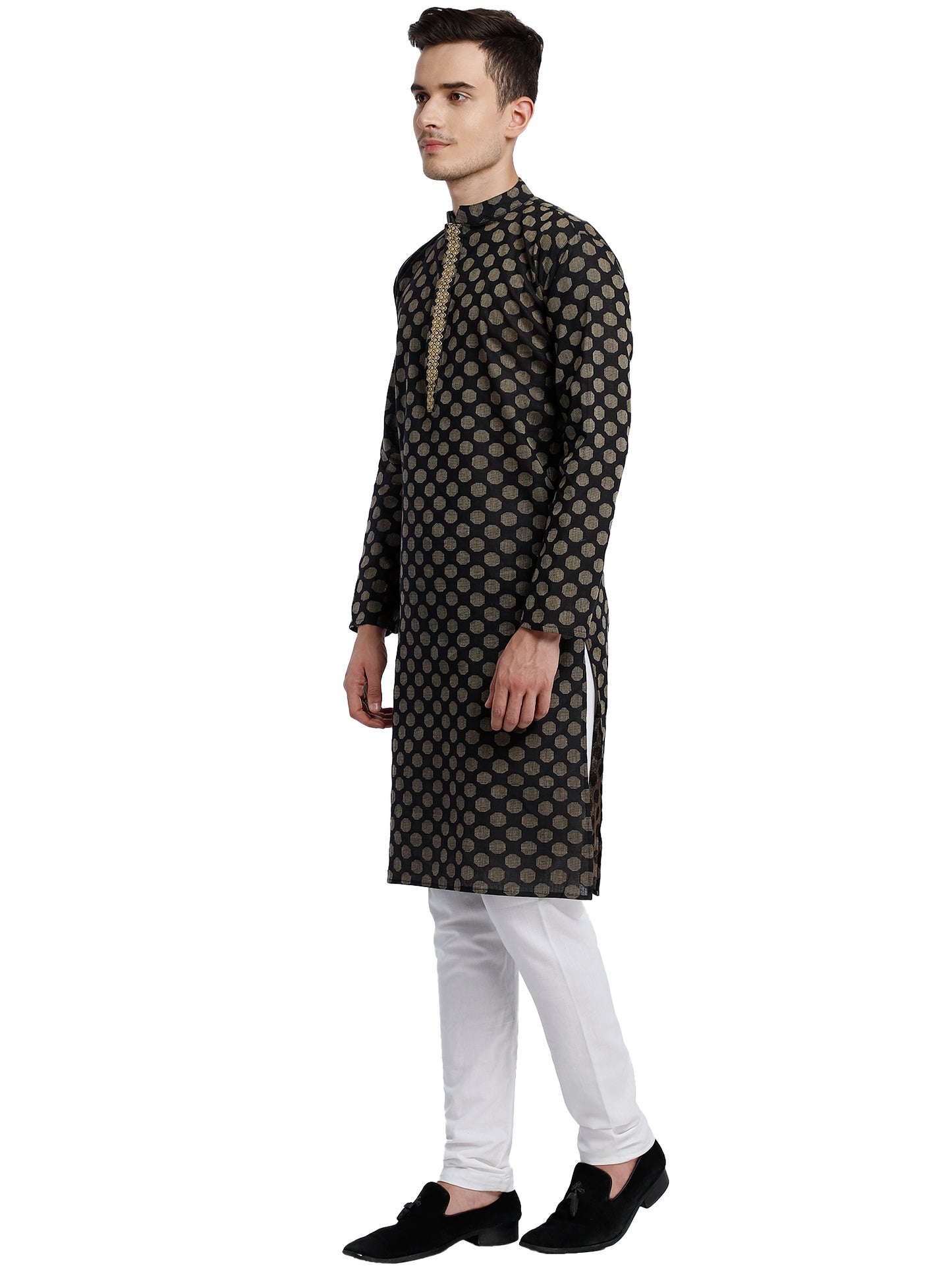 PAROKSH Men Black & Beige Woven Design Cotton Thread Work Handloom Kurta