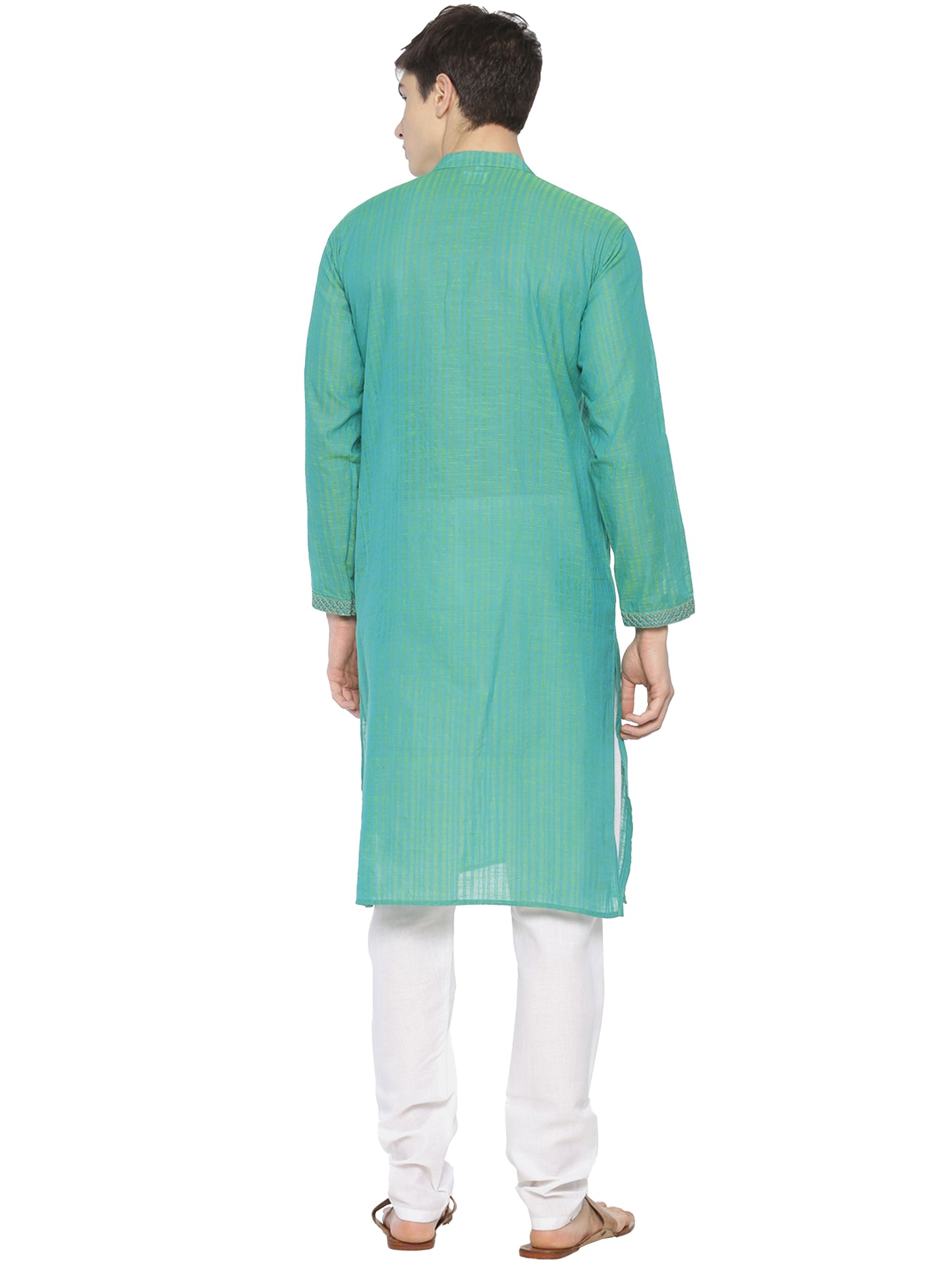 PAROKSH Men Sea Green & Yellow Woven Design Straight Kurta