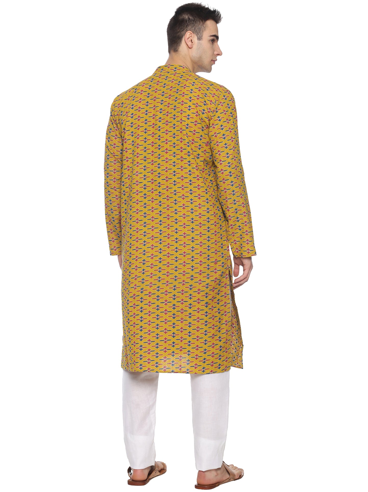 PAROKSH nagari Cotton Mustard geometric print Long Ethnic Kurta