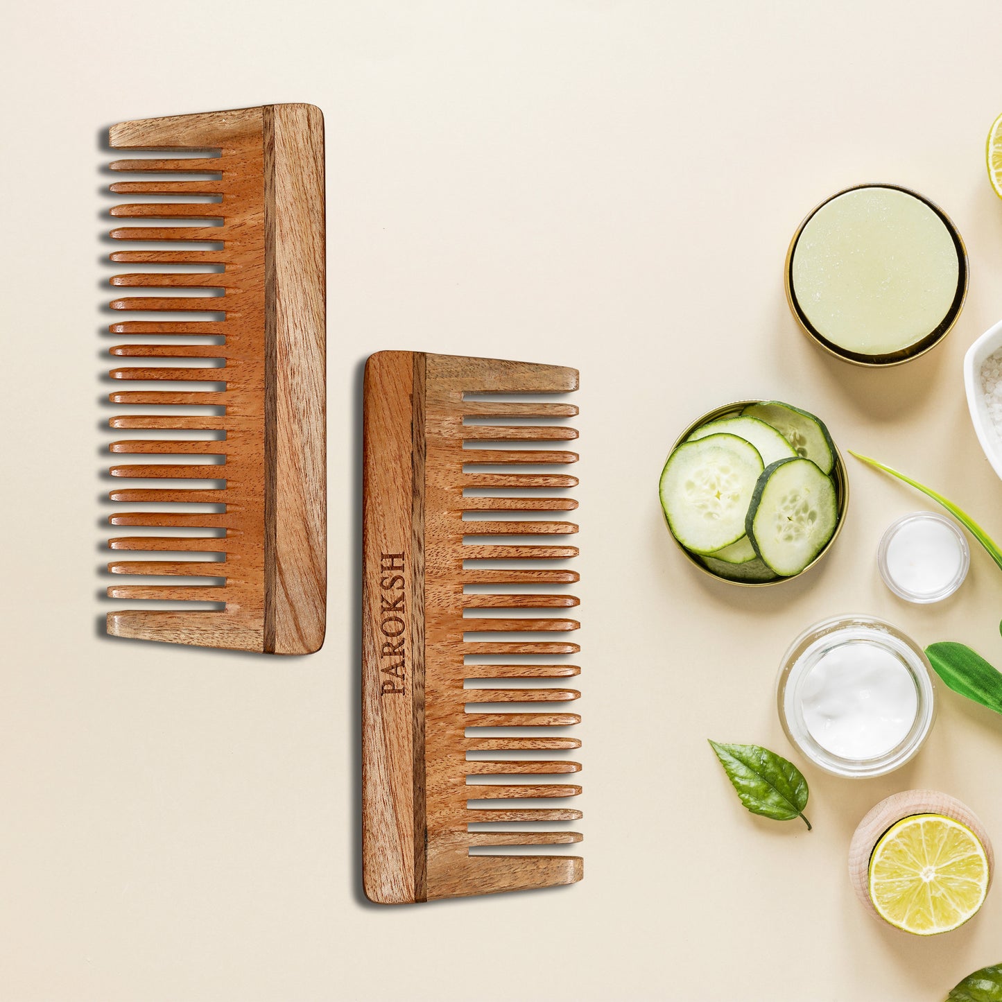 PAROKSH Neem Wood Shampoo Comb | Treated with Herbal Oils | Stimulates Scalp, Controls Hairfall & Dandruff, Promotes Hair Growth