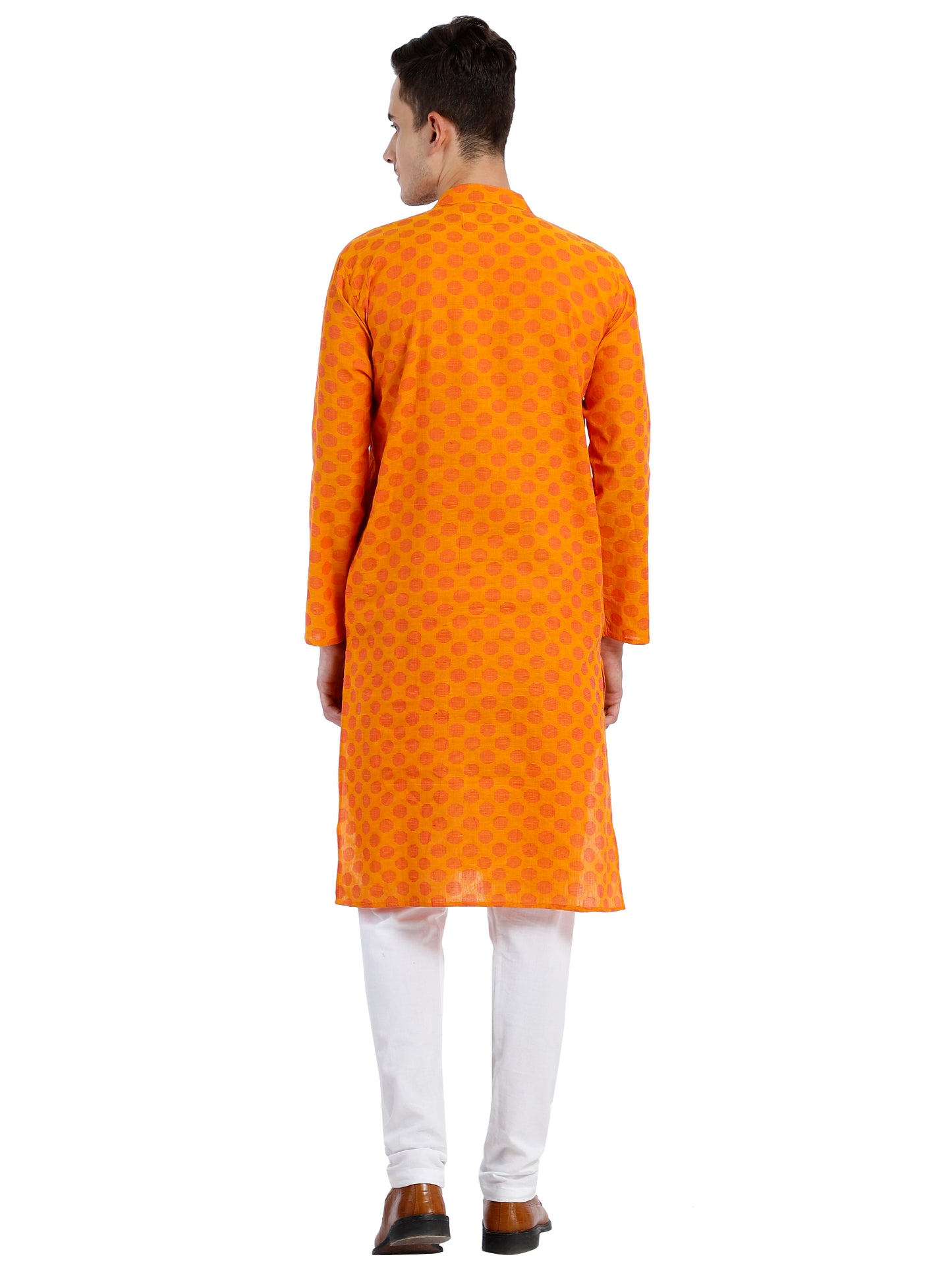 PAROKSH Men Mustard & Beige Woven Design Cotton Thread Work Handloom Kurta