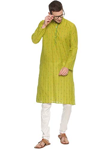 PAROKSH Men Green Ethnic Motifs Pure Cotton Embroidered Thread Work Kurta