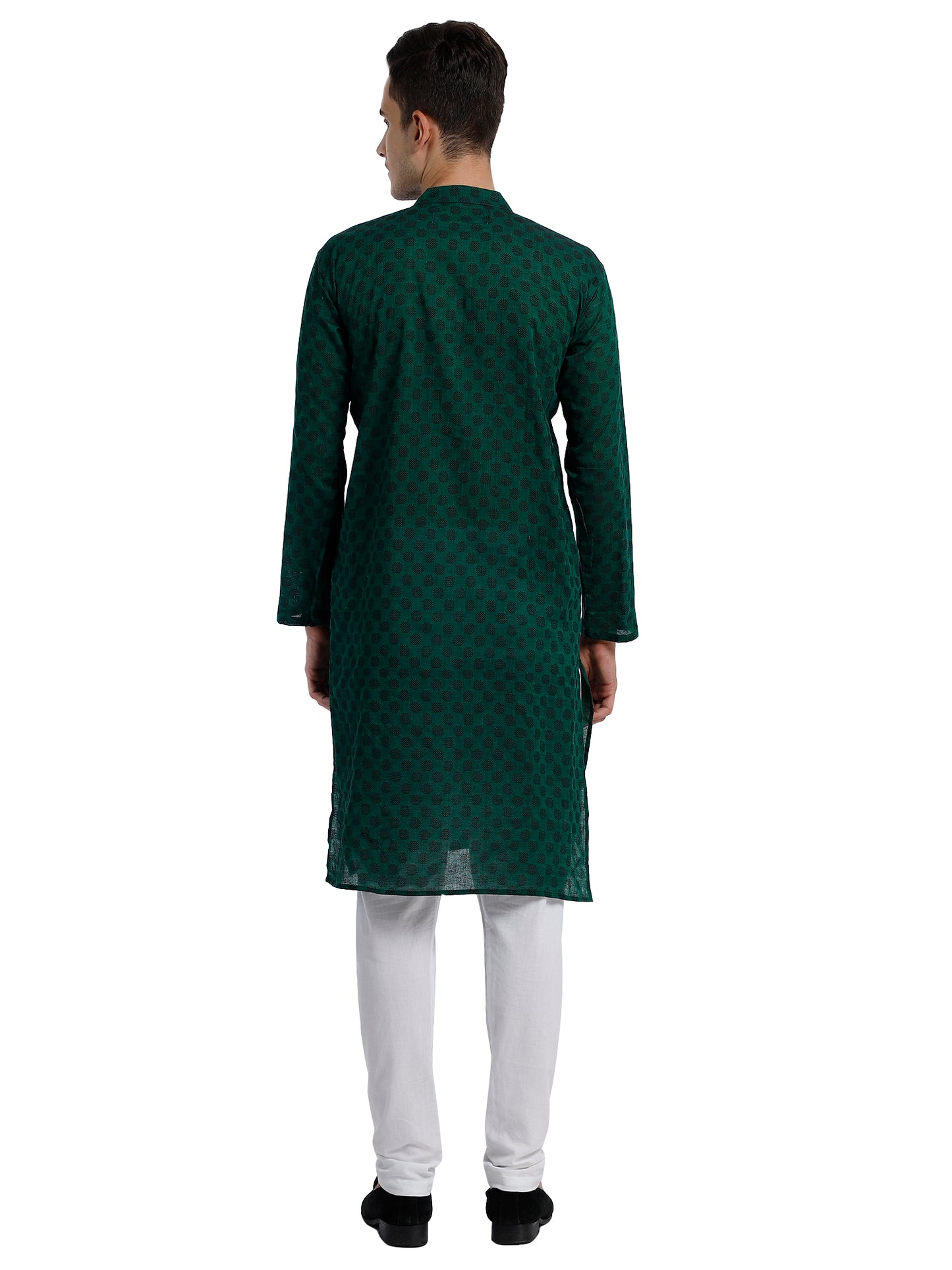 PAROKSH Men Green & Black Woven Design Cotton Thread Work Handloom Kurta