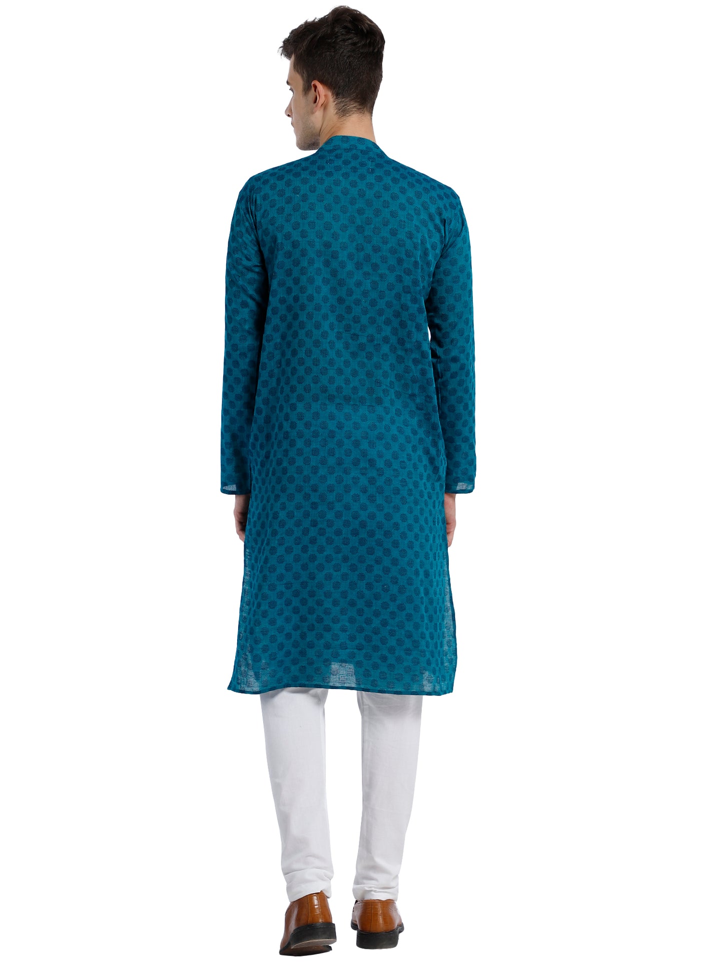 PAROKSH Men Sea Green & Beige Woven Design Cotton Thread Work Handloom Kurta