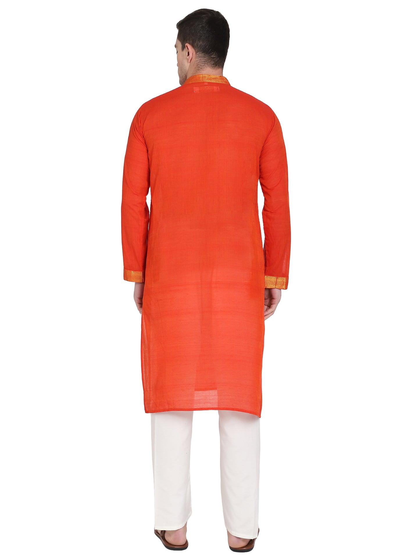 PAROKSH Men's Orange Self Design Pure Cotton Straight Kurta