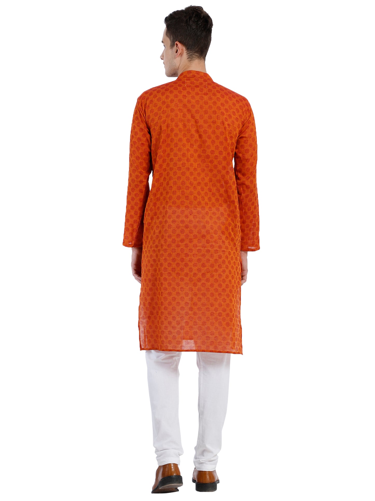 PAROKSH Men Orange & Beige Woven Design Cotton Thread Work Handloom Kurta