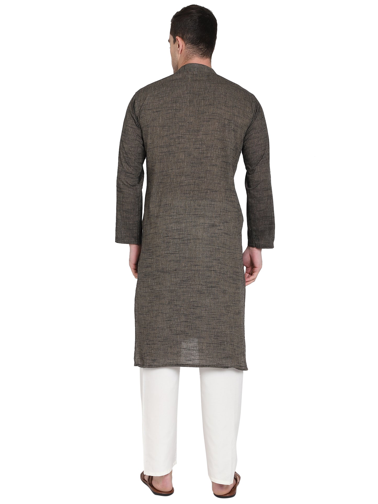 PAROKSH Men's Brown mangalgiri Handloom Cotton Straight Embroidered Long Ethnic Kurta