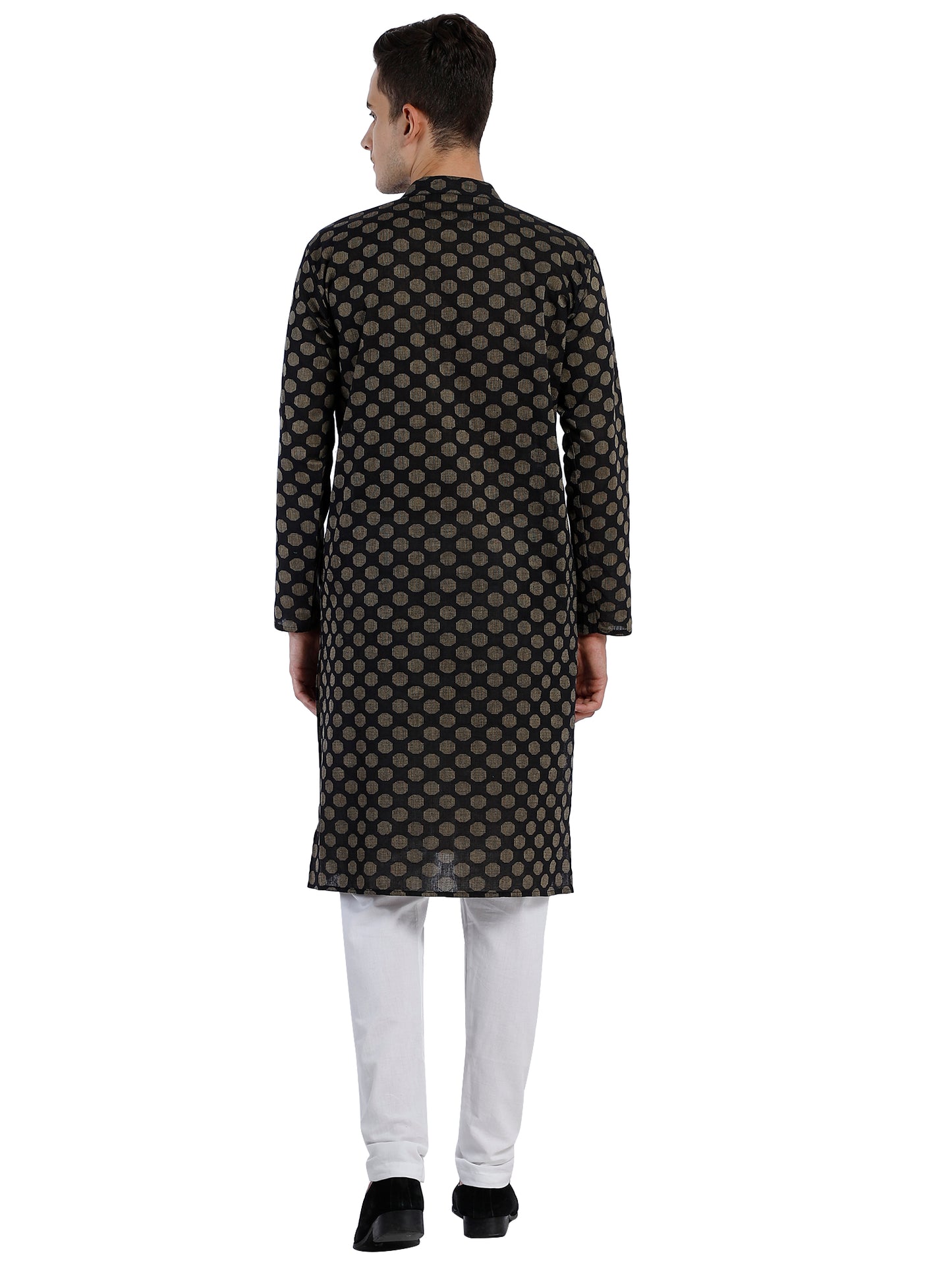 PAROKSH Men Black & Beige Woven Design Cotton Thread Work Handloom Kurta