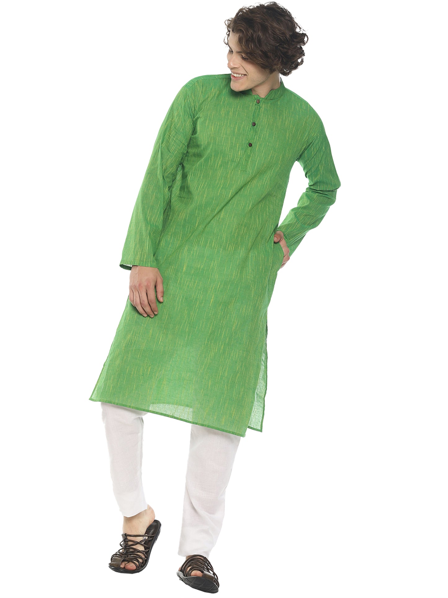 PAROKSH Mens Green Long Pure Handloom Ethnic Cotton Kurta