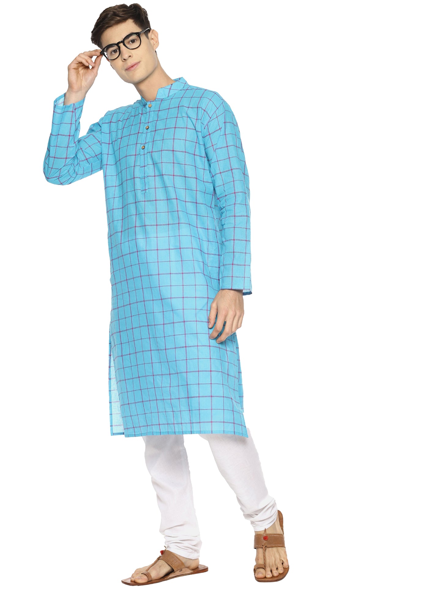 PAROKSH Men Blue Checked Cotton Straight Kurta