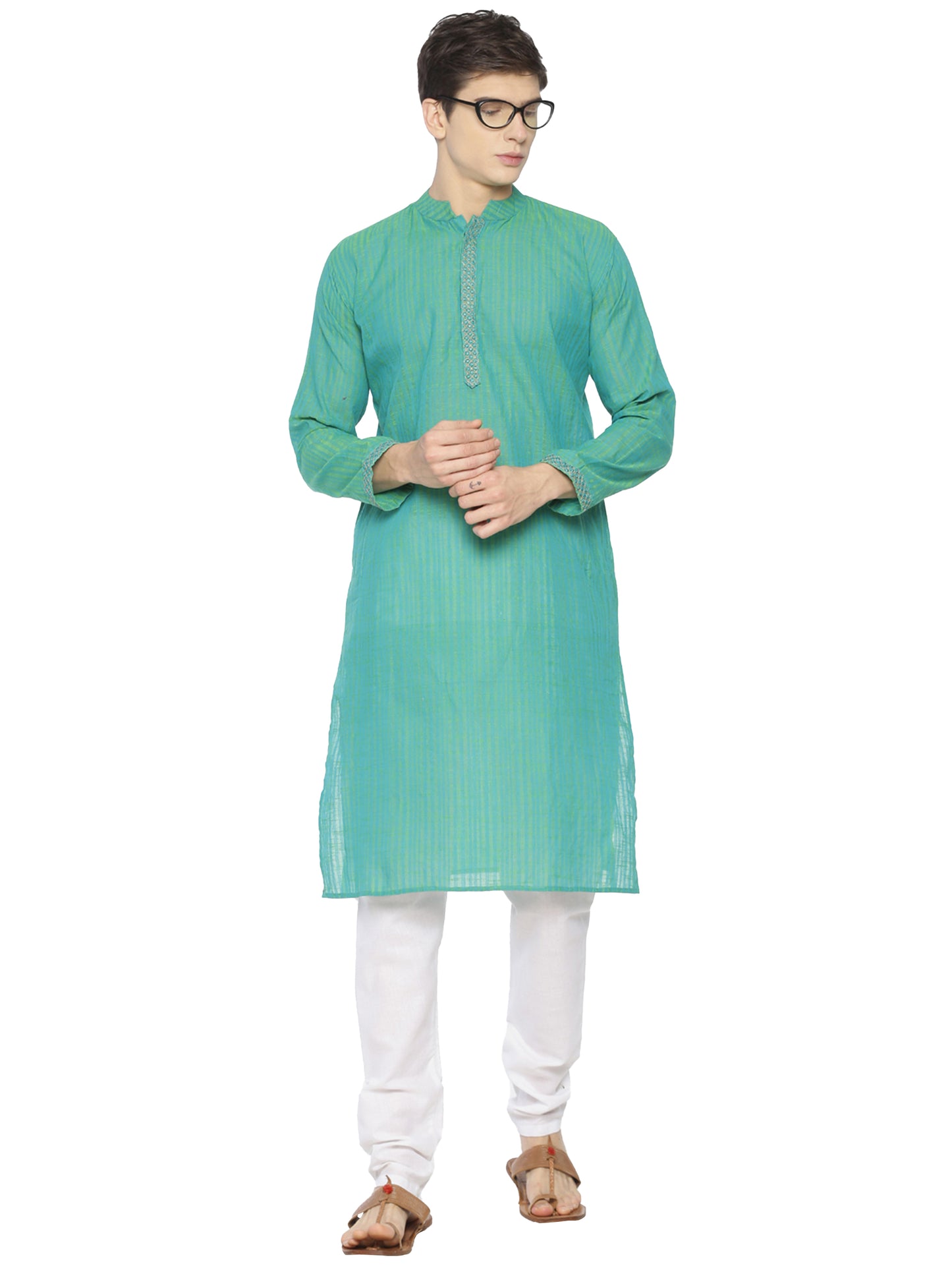 PAROKSH Men Sea Green & Yellow Woven Design Straight Kurta