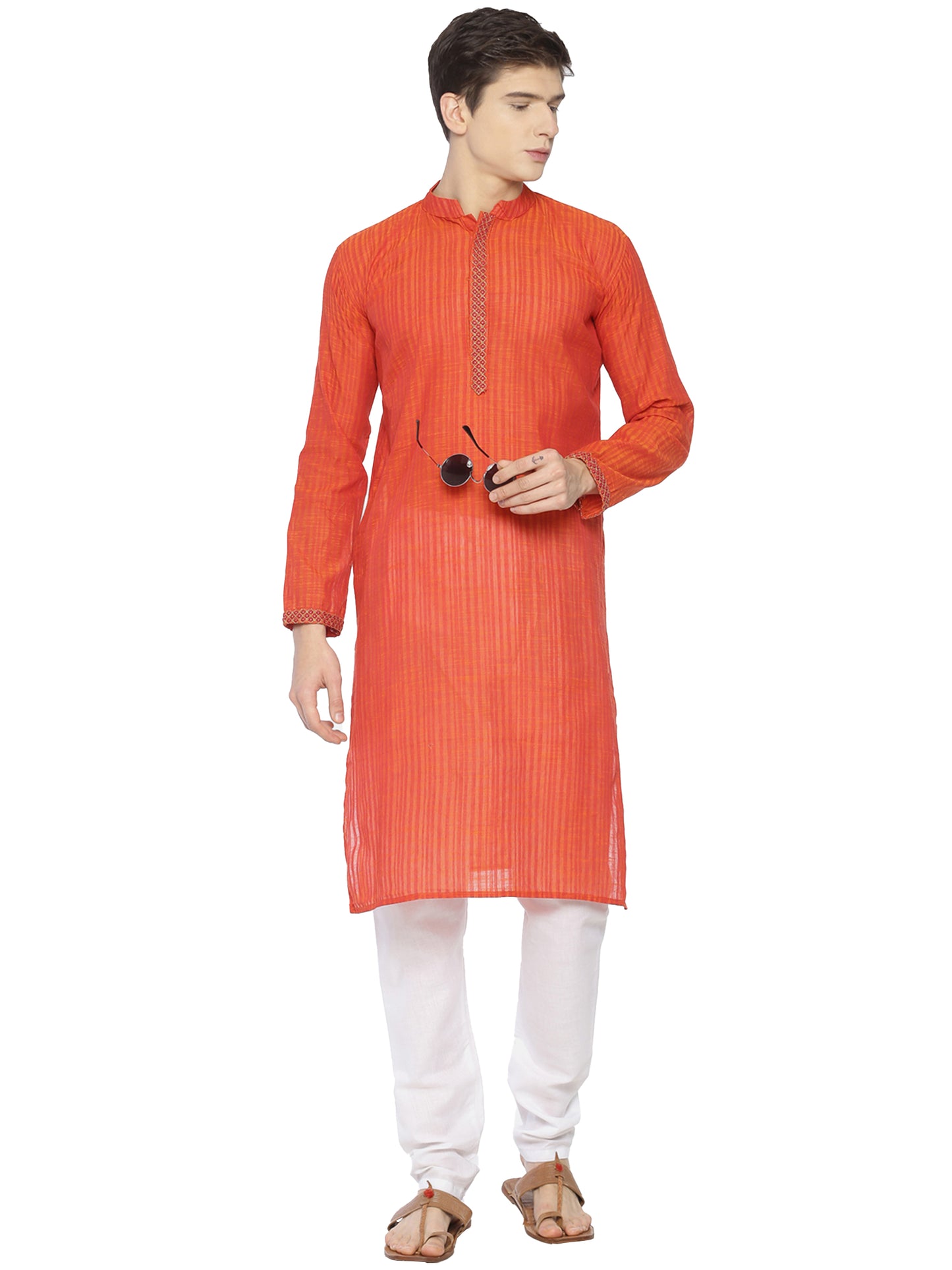 PAROKSH Men Red Striped Long Sleeves Cotton Straight Kurta
