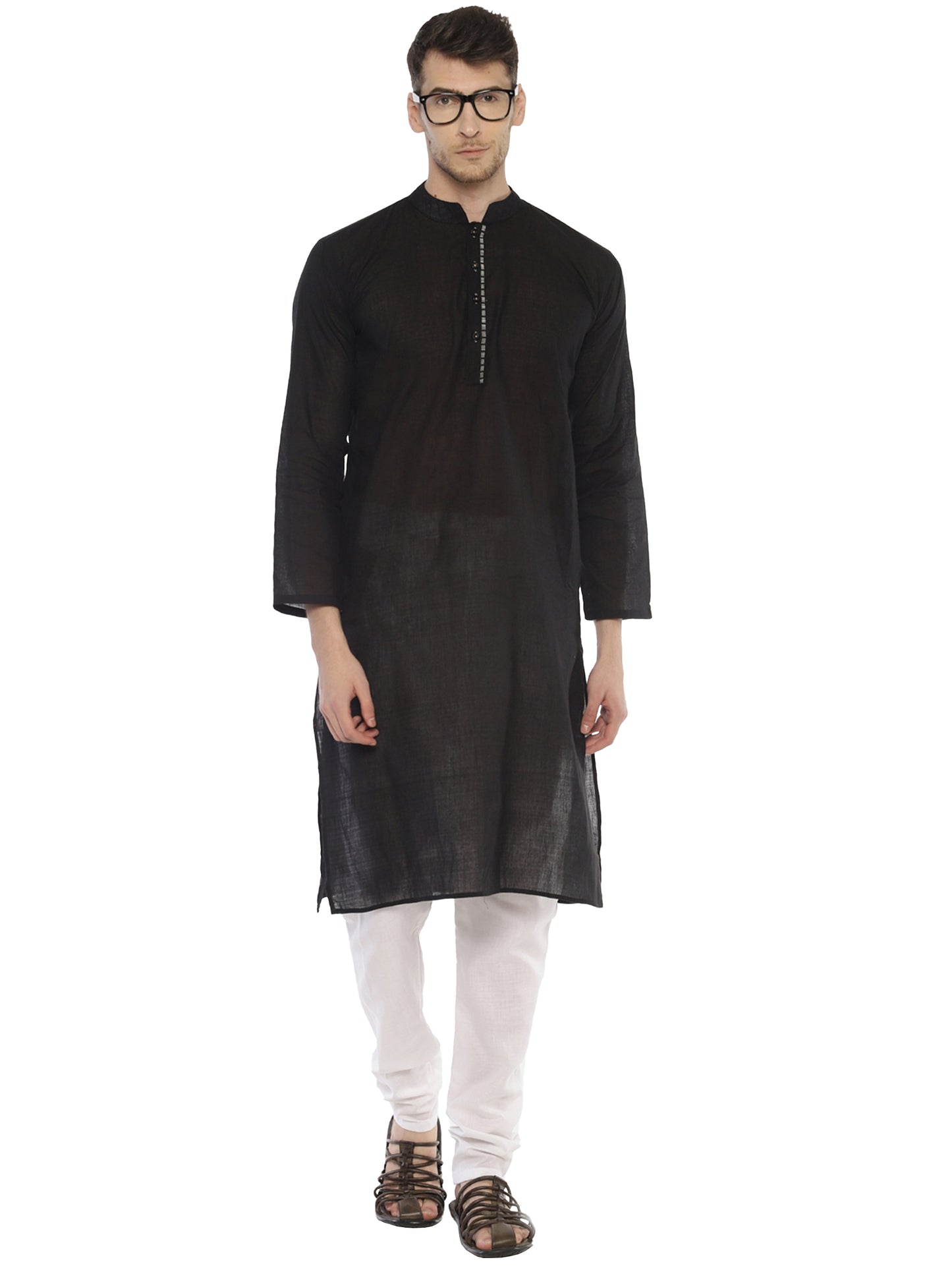 PAROKSH Men Black placket cotton Straight Kurta