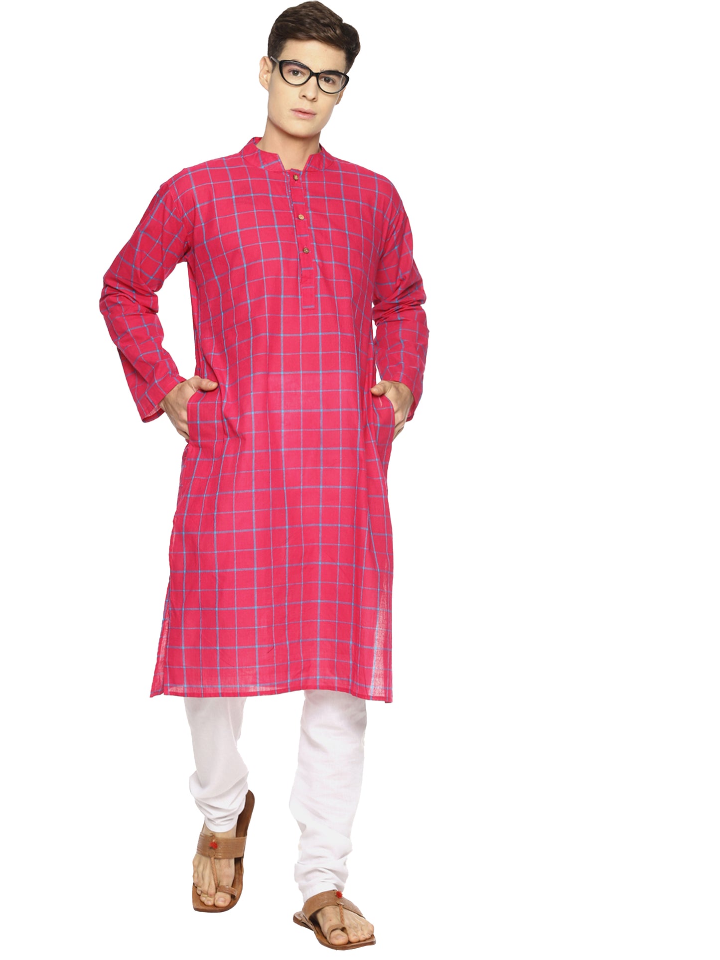 PAROKSH Men Pink Checked Pure Cotton Kurta