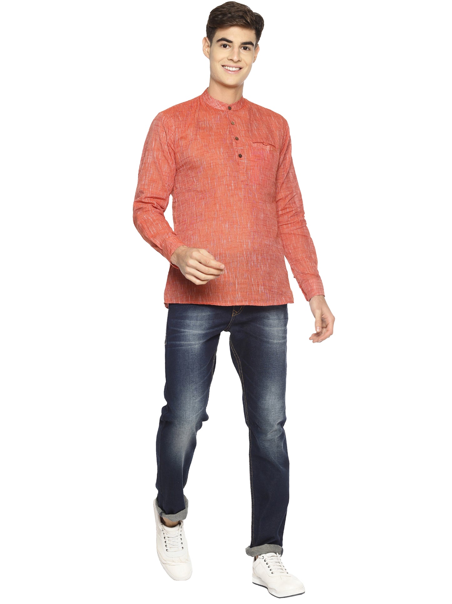 PAROKSH Men's Pink Solid Handloom Cotton Short Kurta