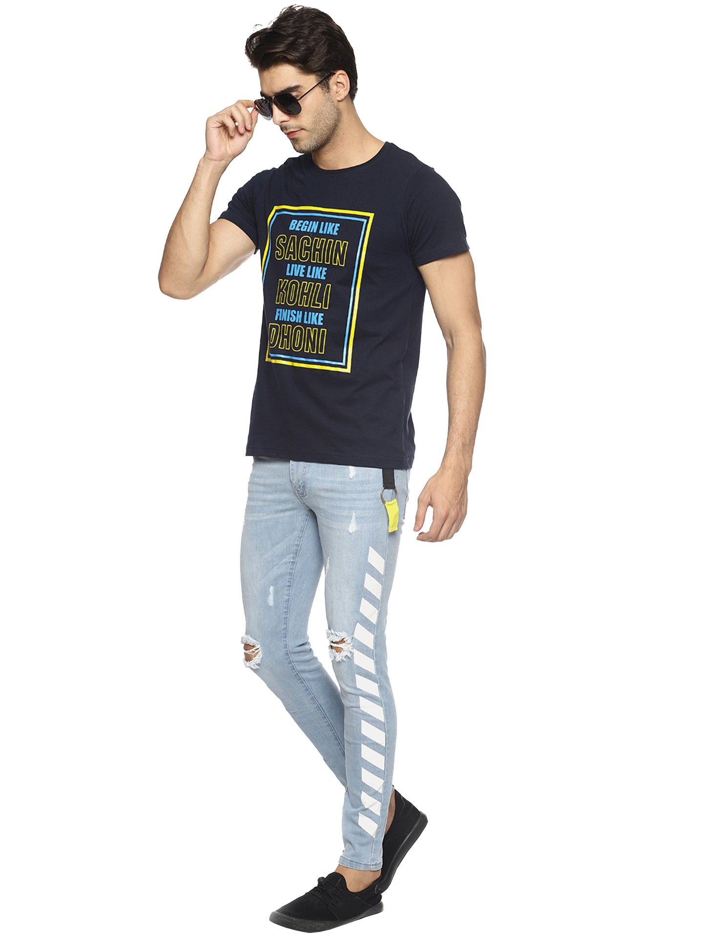 OBOW Navy Blue Printed Quirky Cricket worldcup Round Neck Half Sleeve Cotton Tshirt