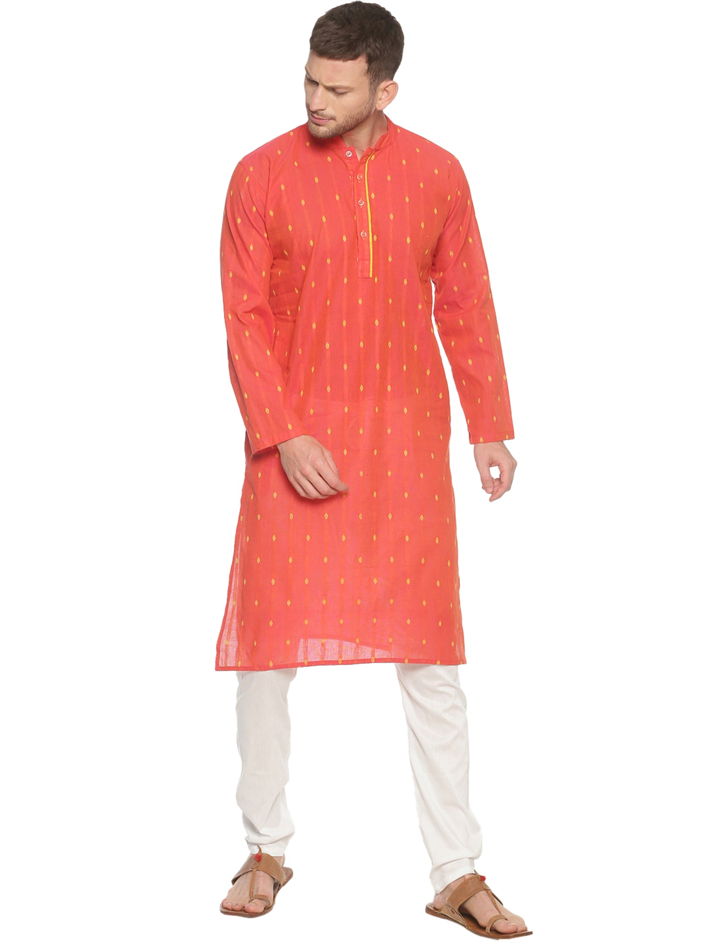 PAROKSH Men Coral Red Butti cotton Straight Kurta