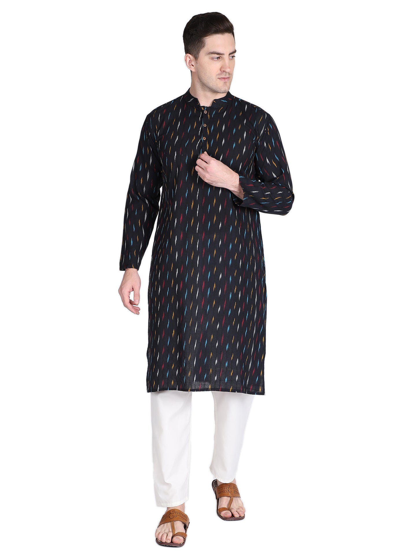 PAROKSH Men's Handloom Multi Colour Dash Ethnic ikkat Kurta