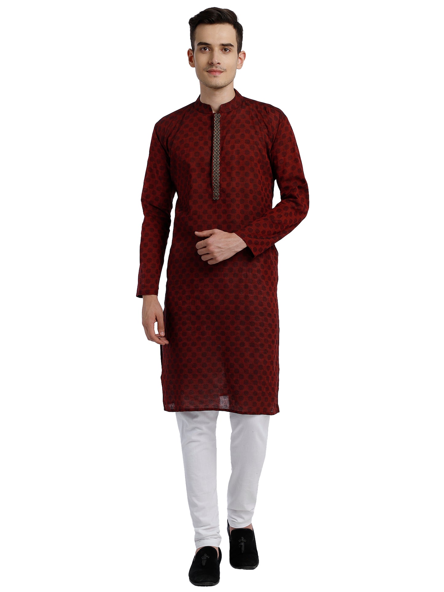 PAROKSH Men Maroon & Beige Woven Design Cotton Thread Work Handloom Kurta