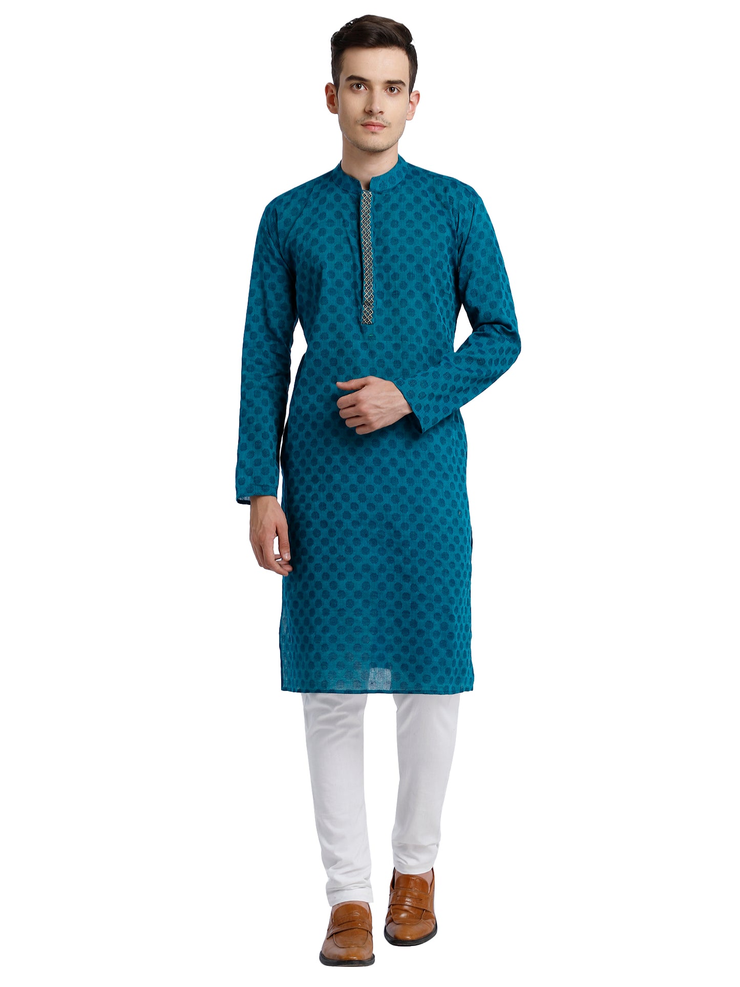 PAROKSH Men Sea Green & Beige Woven Design Cotton Thread Work Handloom Kurta