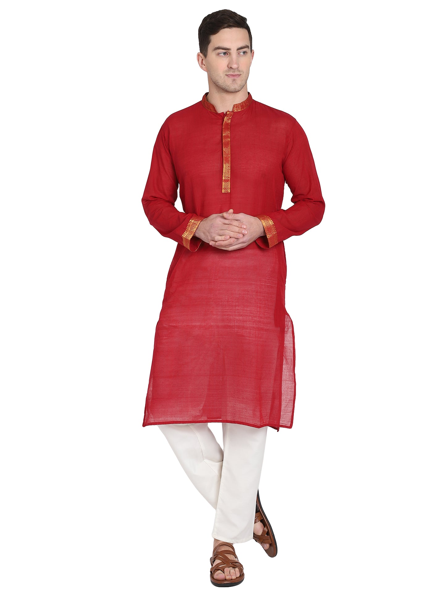 PAROKSH Men Self Design Maroon Pure Cotton Straight Kurta