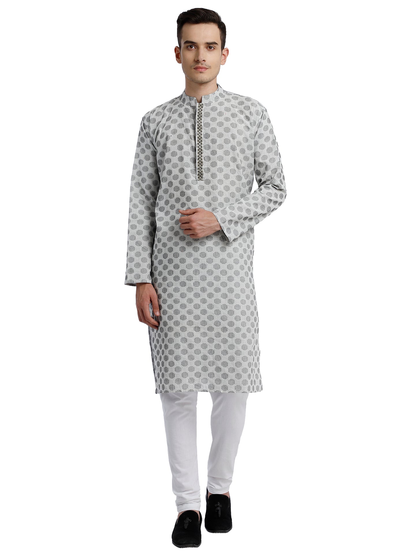 PAROKSH Men White & Beige Woven Design Cotton Thread Work Handloom Kurta