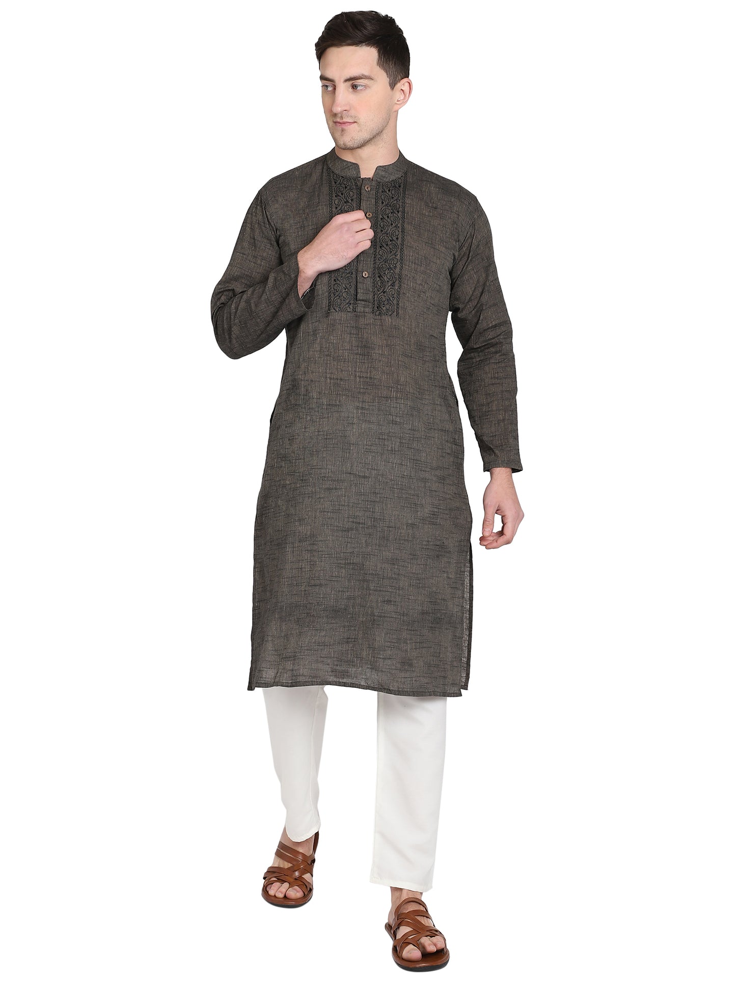 PAROKSH Men's Brown mangalgiri Handloom Cotton Straight Embroidered Long Ethnic Kurta