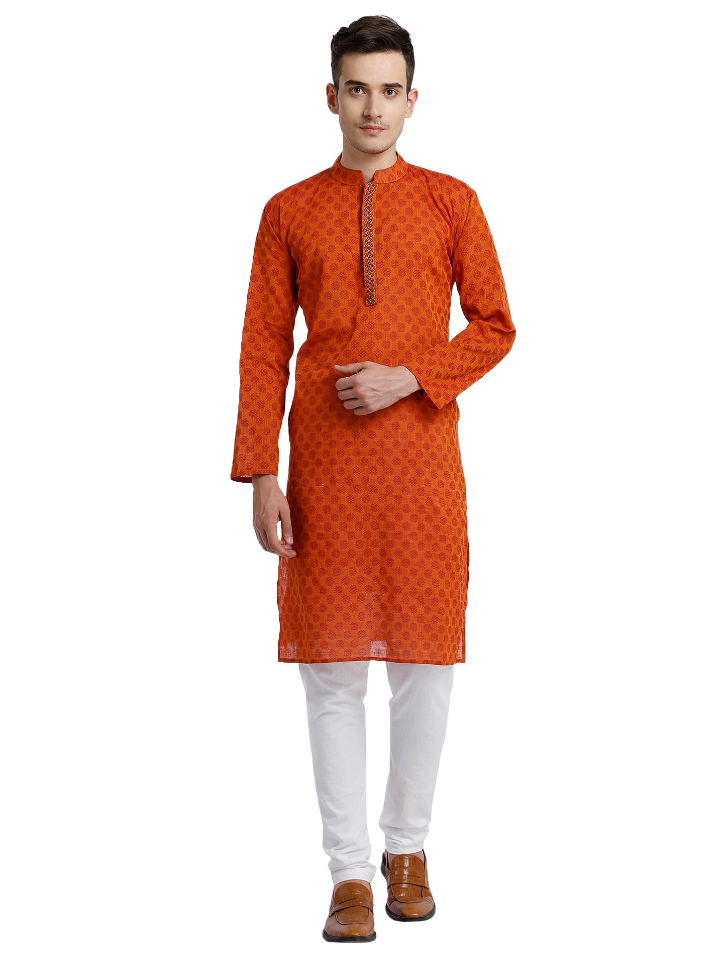PAROKSH Men Orange & Beige Woven Design Cotton Thread Work Handloom Kurta