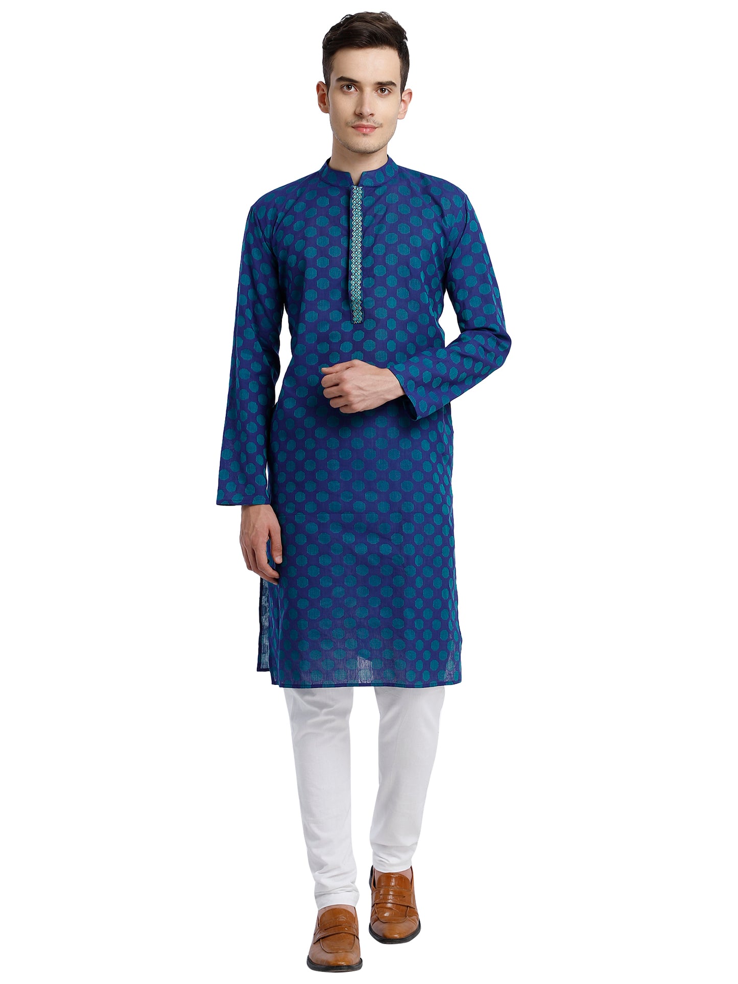 PAROKSH Men Blue & Beige Woven Design Cotton Thread Work Handloom Kurta