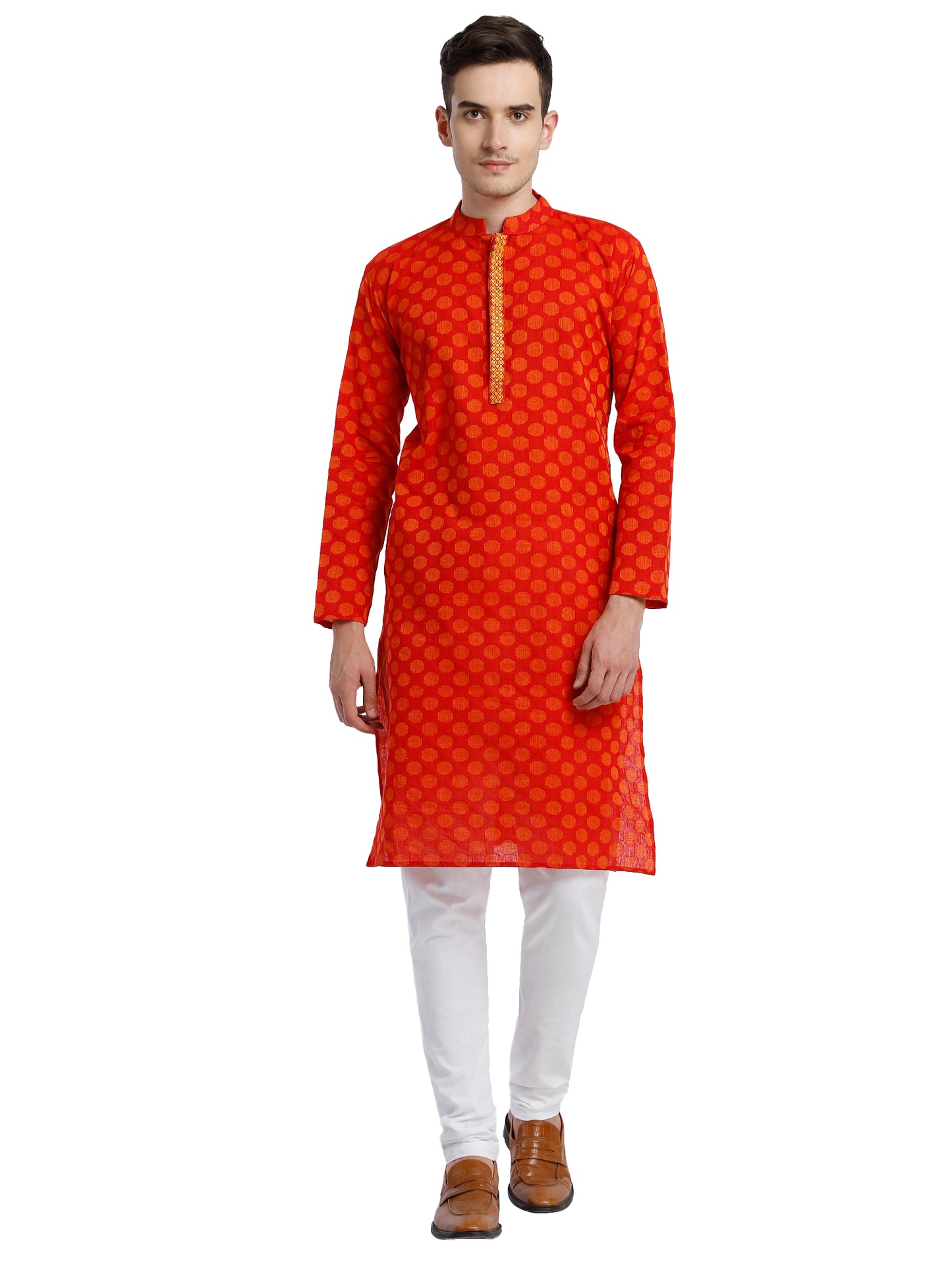 PAROKSH Men Pink & Beige Woven Design Cotton Thread Work Handloom Kurta