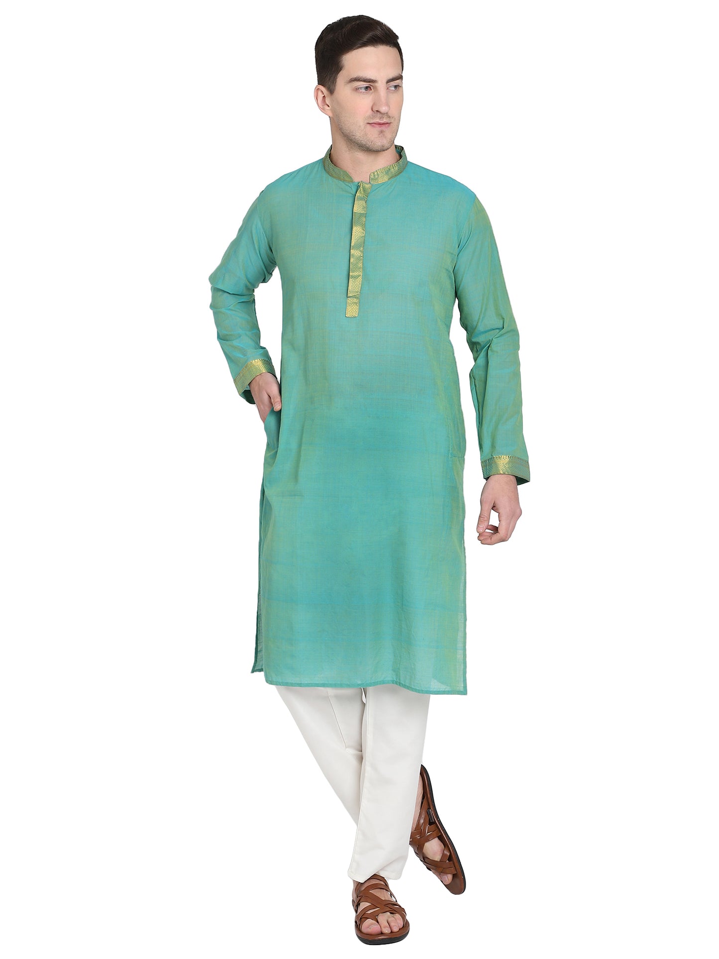 PAROKSH Men's Embroidered Mint Handloom Long Cotton Ethnic Kurta