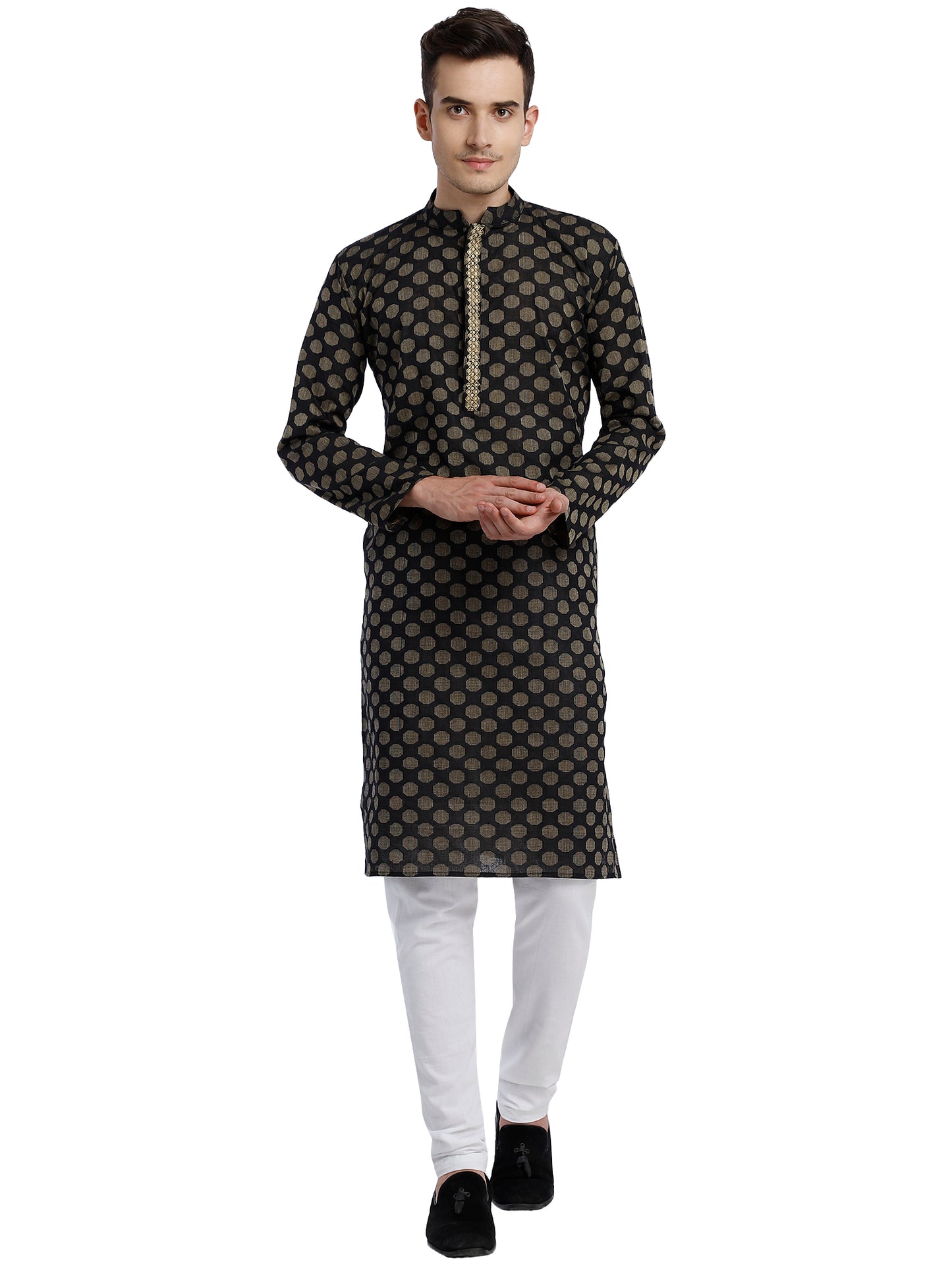 PAROKSH Men Black & Beige Woven Design Cotton Thread Work Handloom Kurta