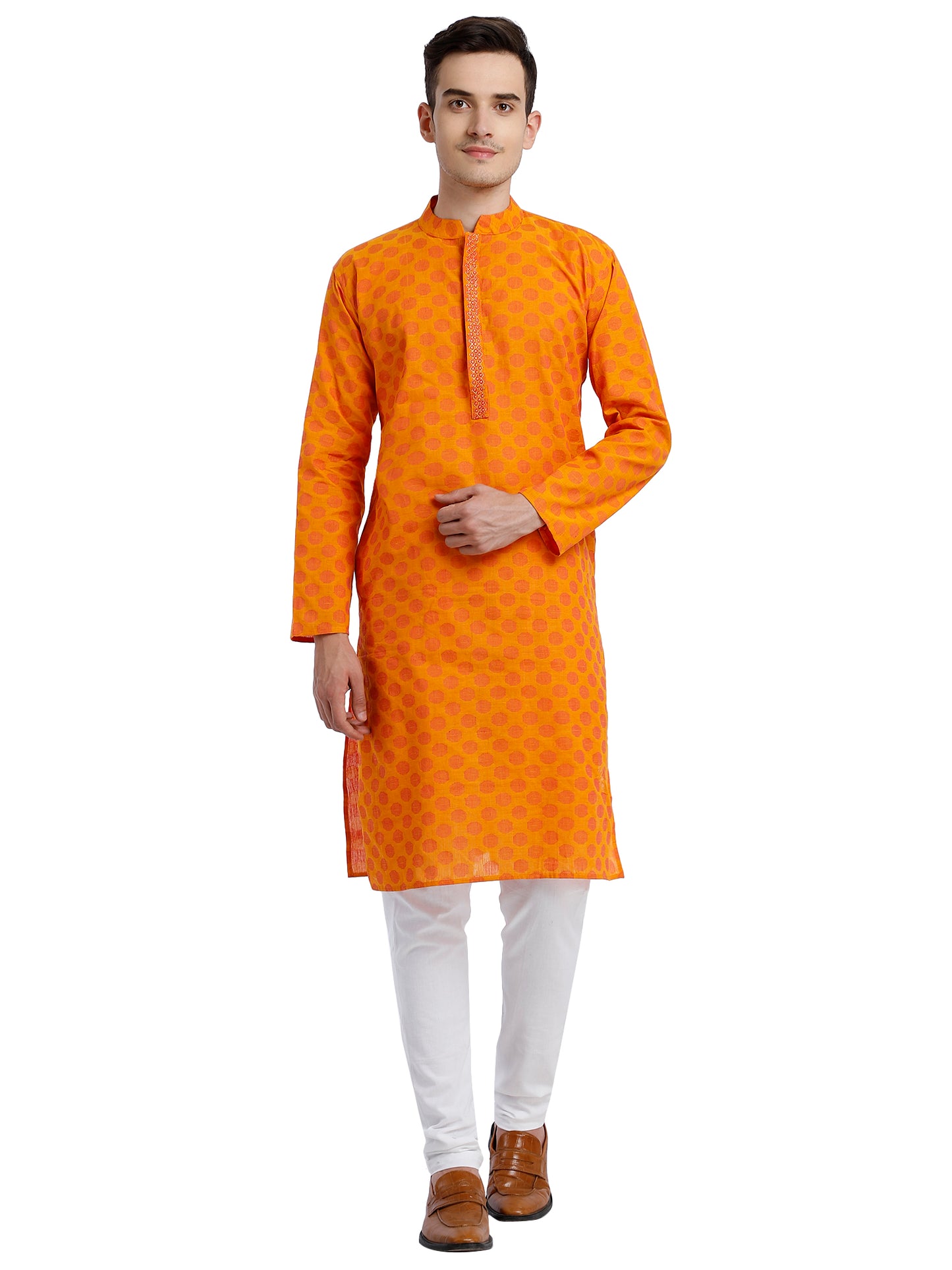 PAROKSH Men Mustard & Beige Woven Design Cotton Thread Work Handloom Kurta