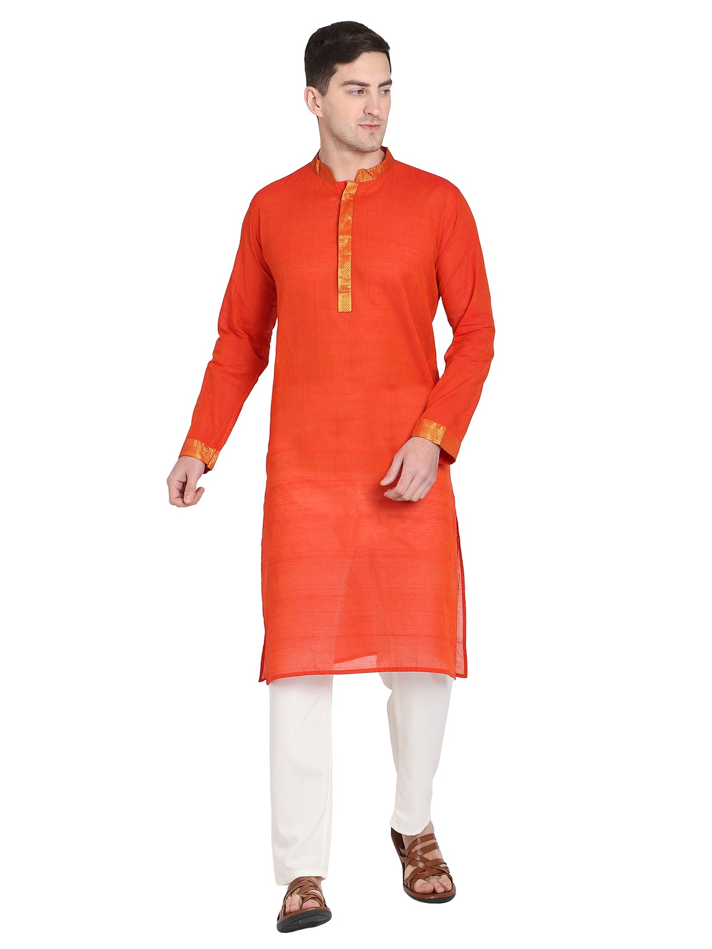 PAROKSH Men's Orange Self Design Pure Cotton Straight Kurta