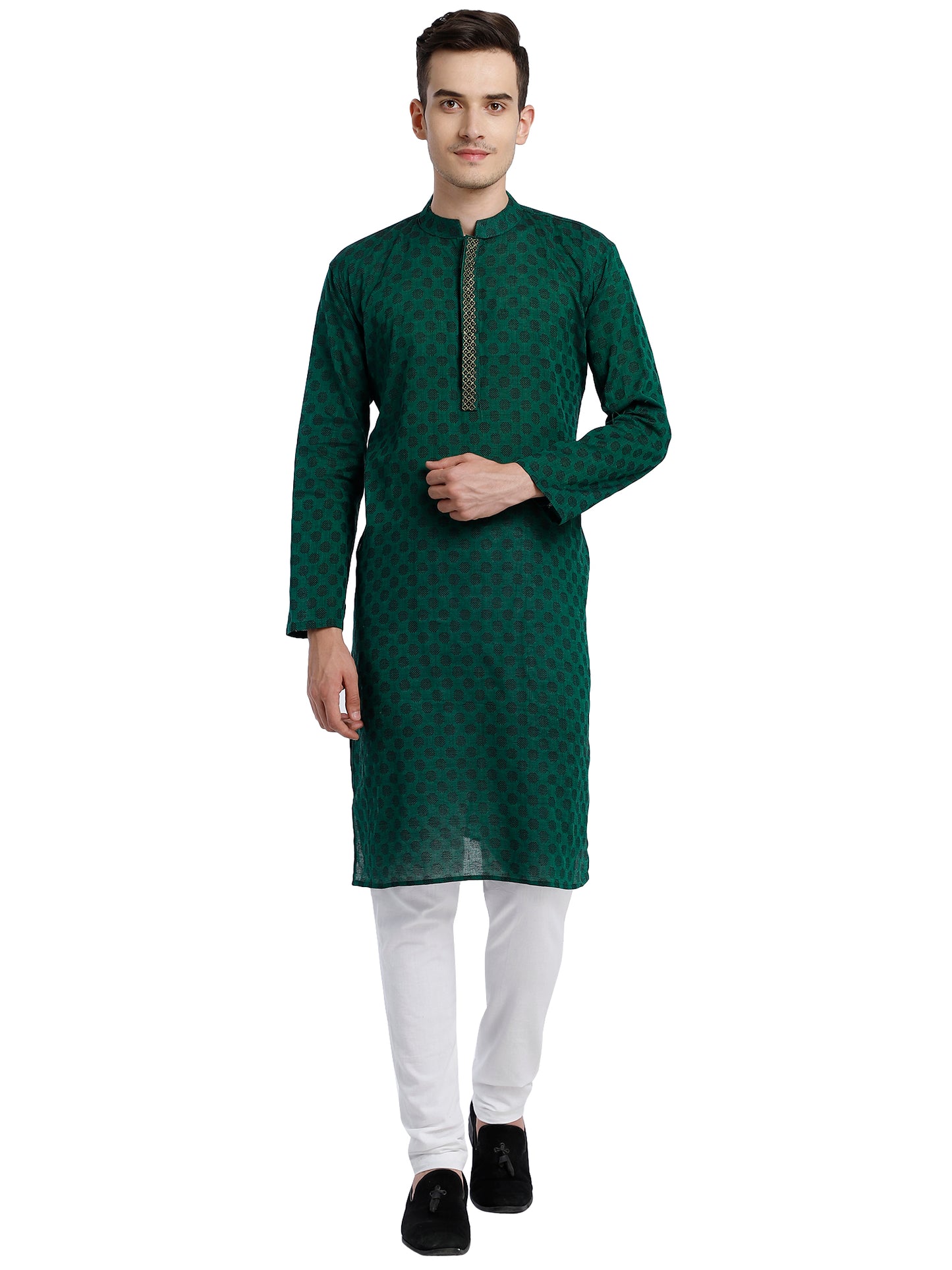 PAROKSH Men Green & Black Woven Design Cotton Thread Work Handloom Kurta